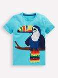 Mini Boden Kids' Cotton Zip Applique T-Shirt, Blue Toucan