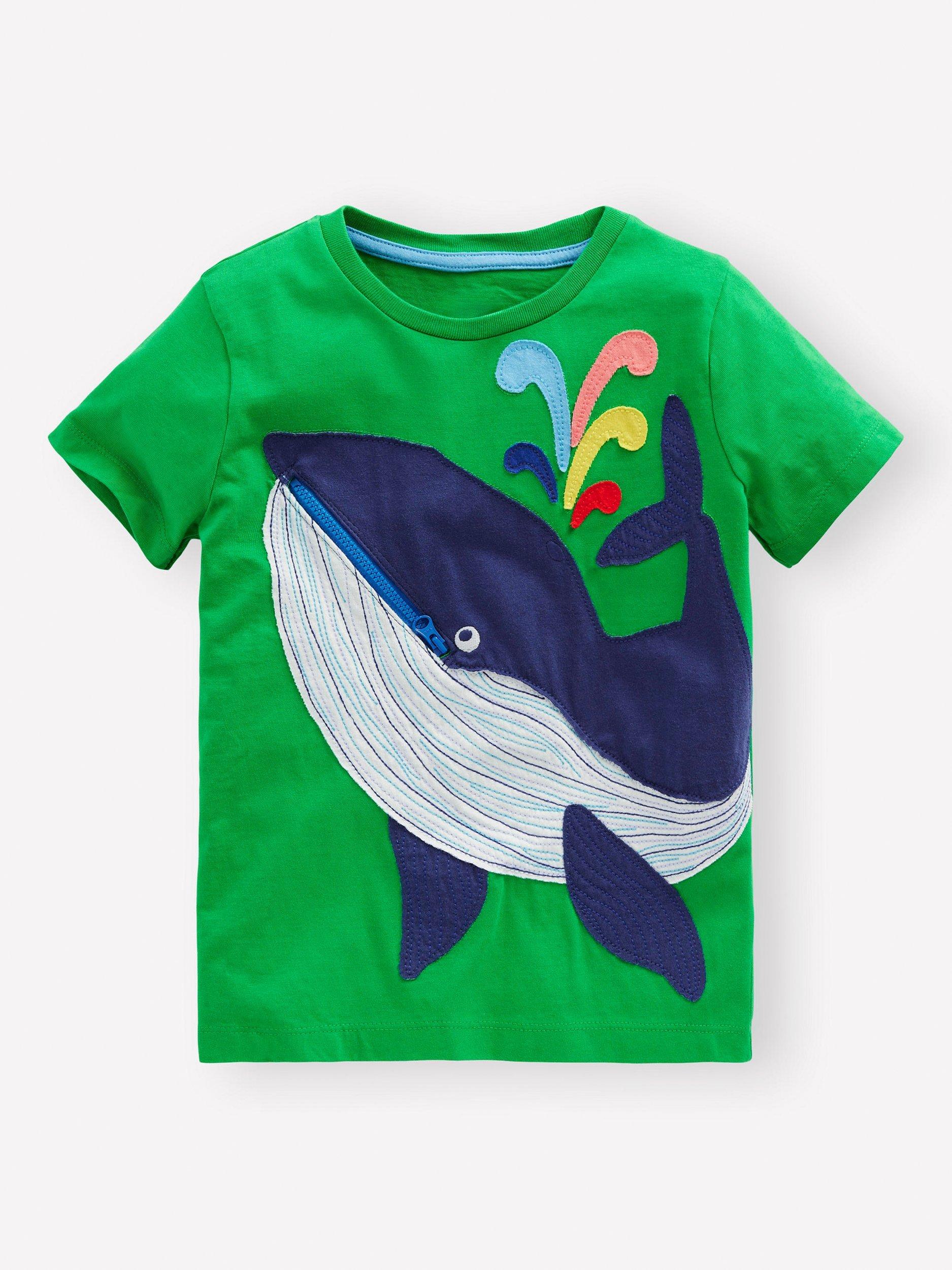 Product image 1 of 3, which shows Mini Boden Kids' Cotton Zip Applique T-Shirt, Sapling Green Whale, 11-12 years