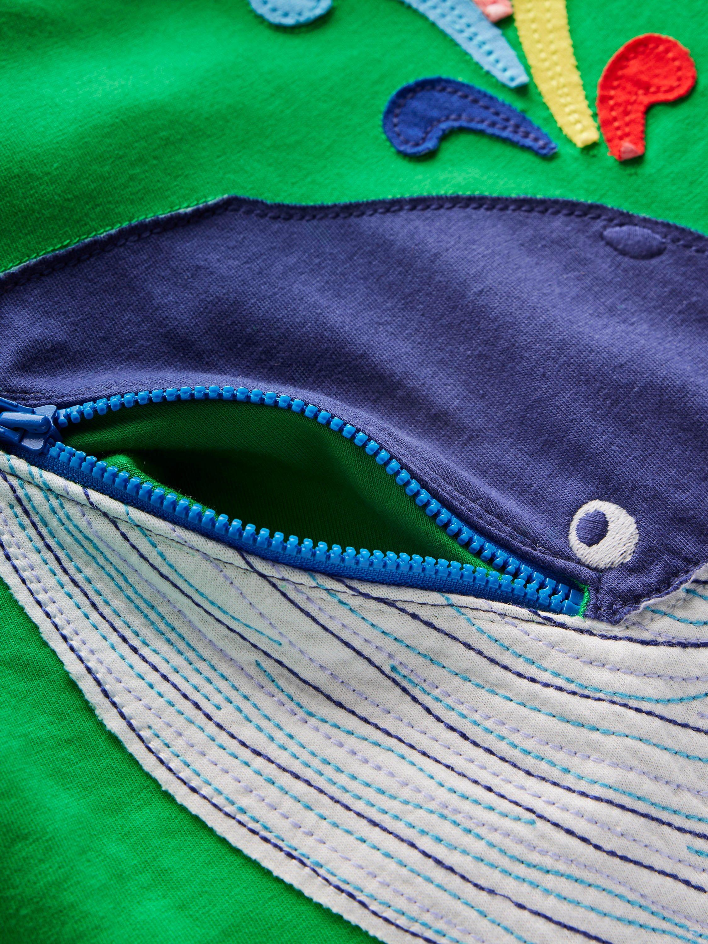 Product image 3 of 3, which shows Mini Boden Kids' Cotton Zip Applique T-Shirt, Sapling Green Whale, 11-12 years