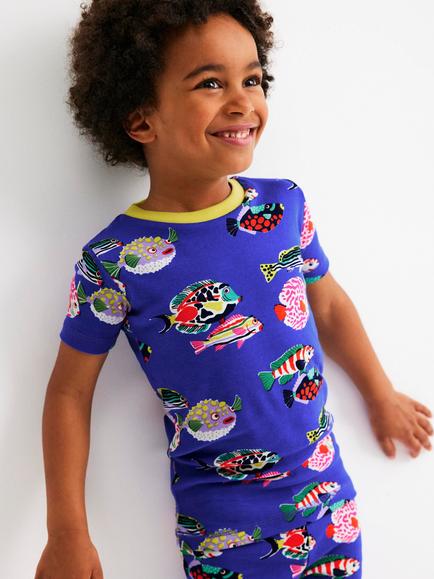 Mini Boden Kids' Snug Short Pyjama Set, Blue Heron Fish, Blue Heron Fish