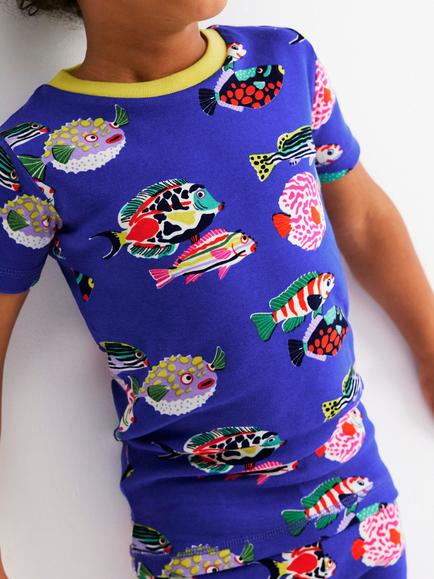 Mini Boden Kids' Snug Short Pyjama Set, Blue Heron Fish - view 2, Blue Heron Fish
