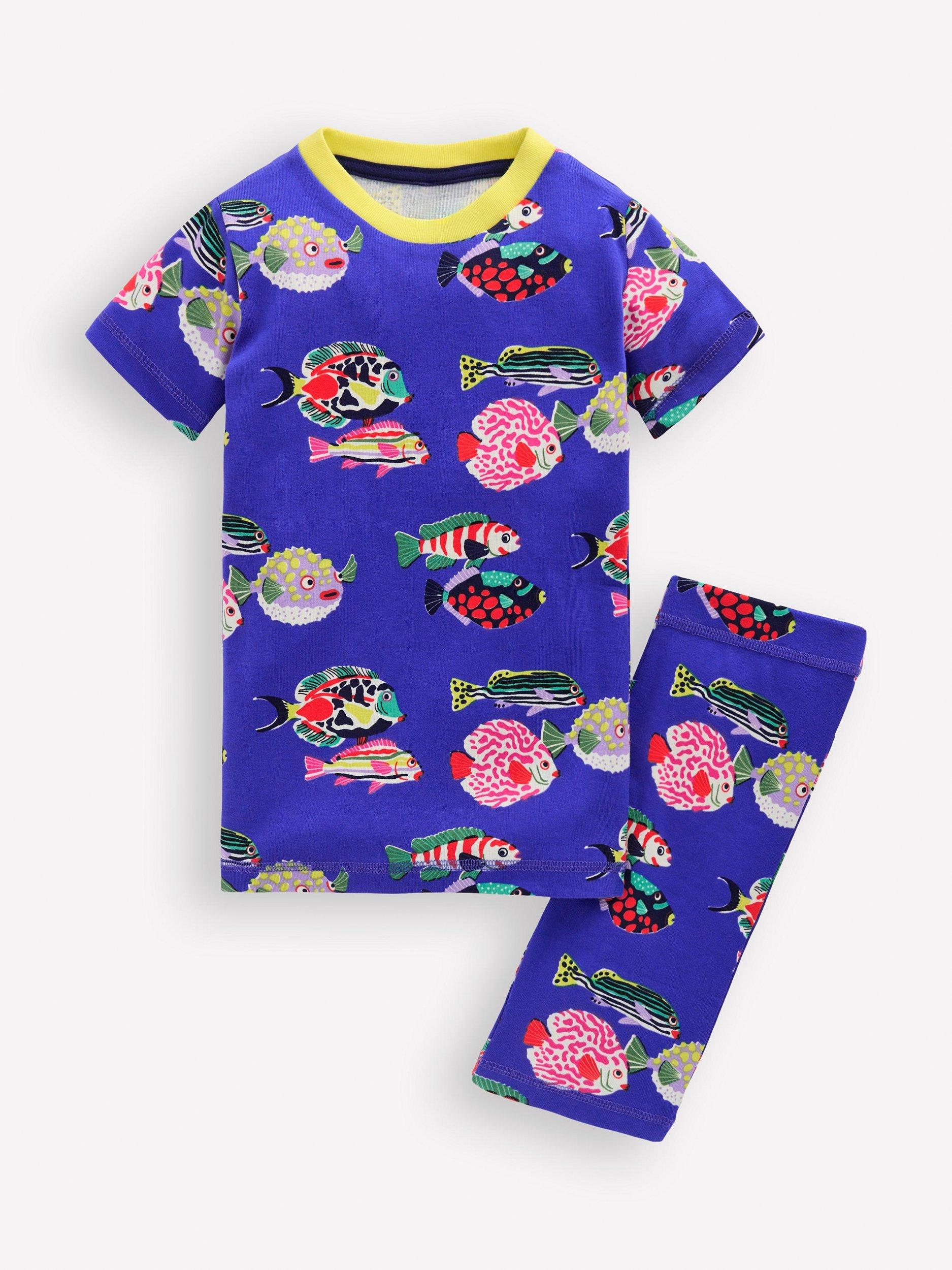 Product image 3 of 4, which shows Mini Boden Kids' Snug Short Pyjama Set, Blue Heron Fish, 3 years