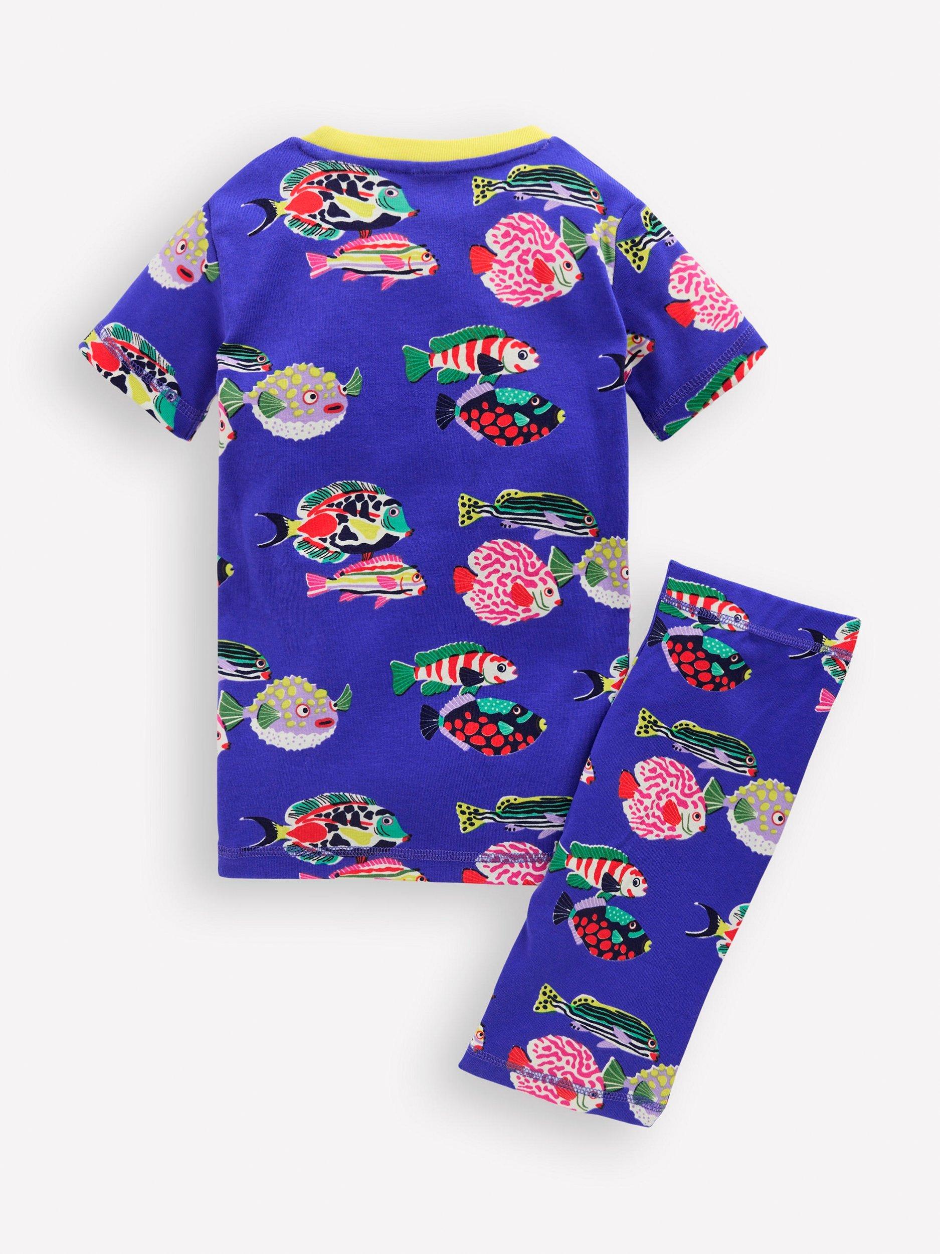 Product image 4 of 4, which shows Mini Boden Kids' Snug Short Pyjama Set, Blue Heron Fish, 3 years