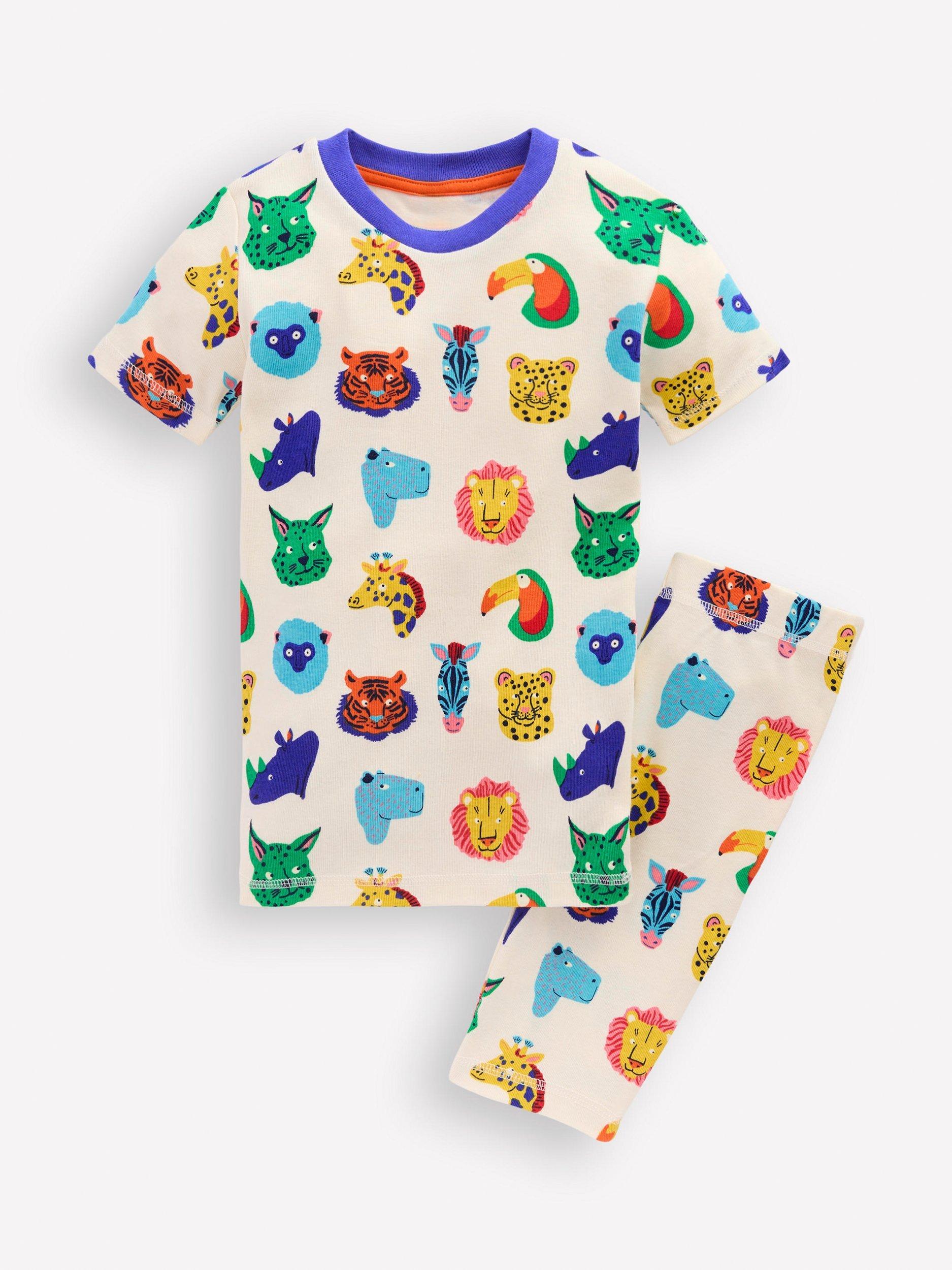 Product image 1 of 3, which shows Mini Boden Kids' Cotton Glow-in-the-Dark Short John Pyjamas, Multi Animal Faces, 2 years