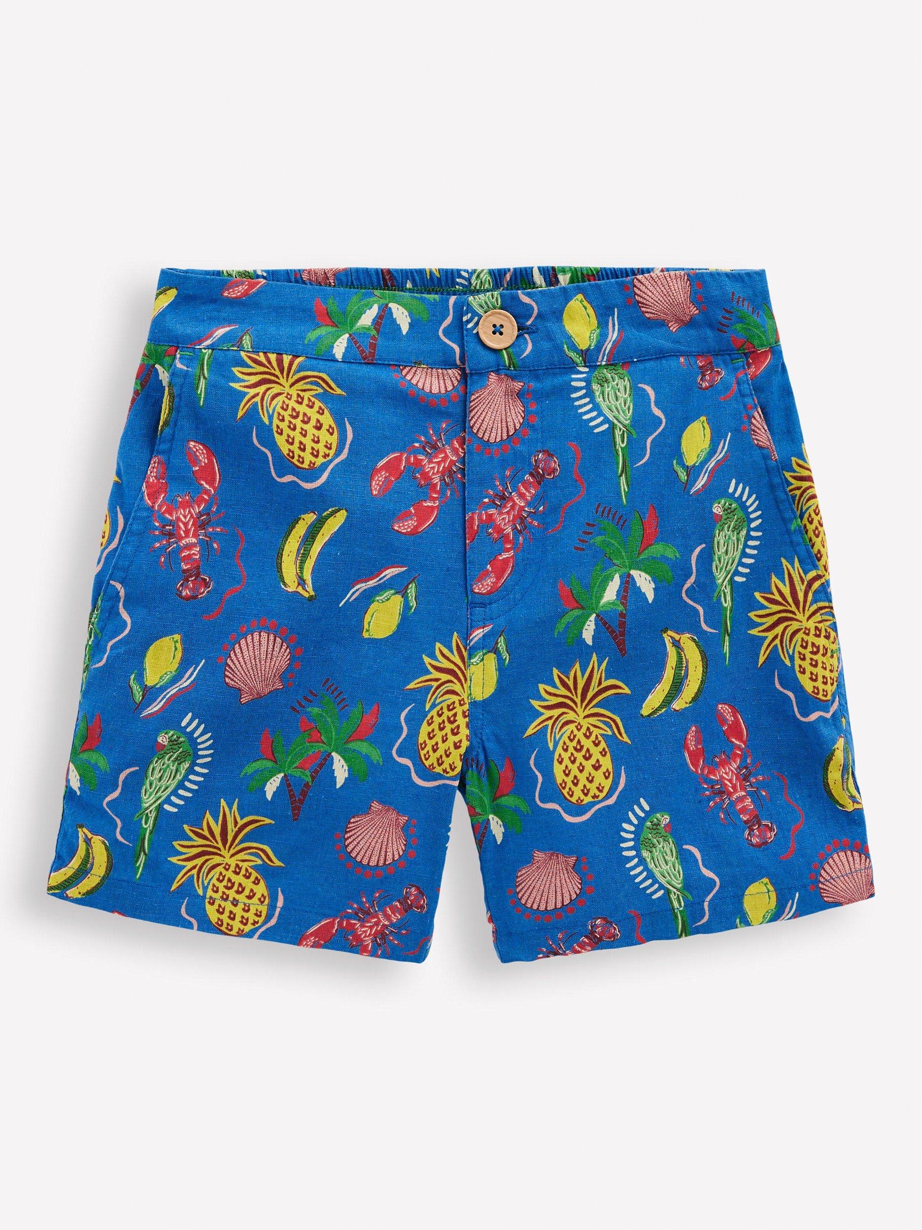 Mini Boden Kids' Cotton Linen Shorts, Blue Tropical Print