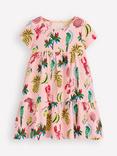 Mini Boden Kids' Ariel Cotton Twirly Tiered Dress, Pink Tropical Print
