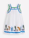 Mini Boden Kids' Maribel Cotton Embroidered Strappy Dress, Ivory Multi Jungle