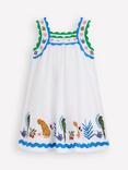 Mini Boden Kids' Maribel Cotton Embroidered Strappy Dress, Ivory Multi Jungle