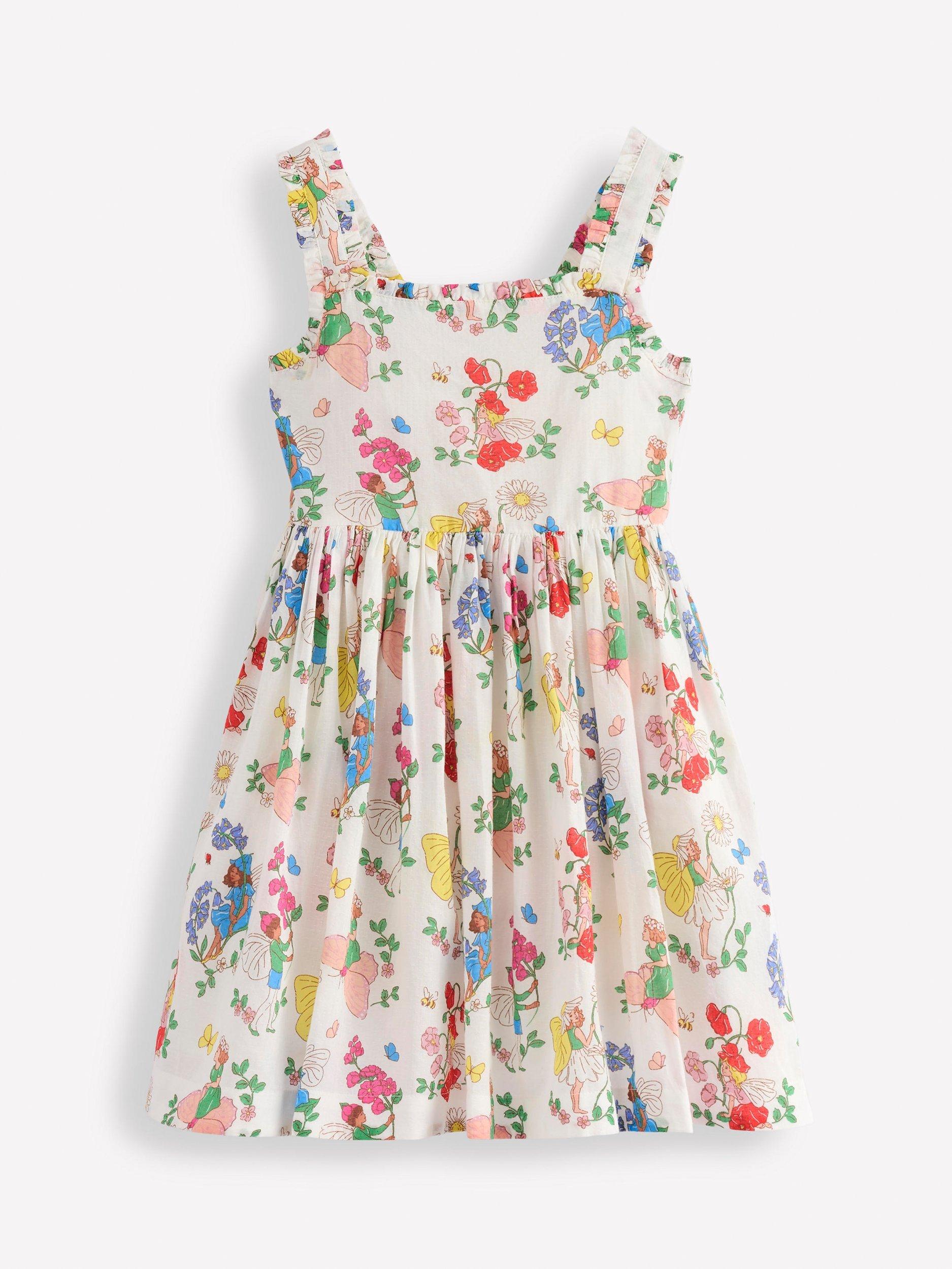 Mini Boden Kids' Luna Cotton Frill Strap Midi Dress, Multi Flower Fairy