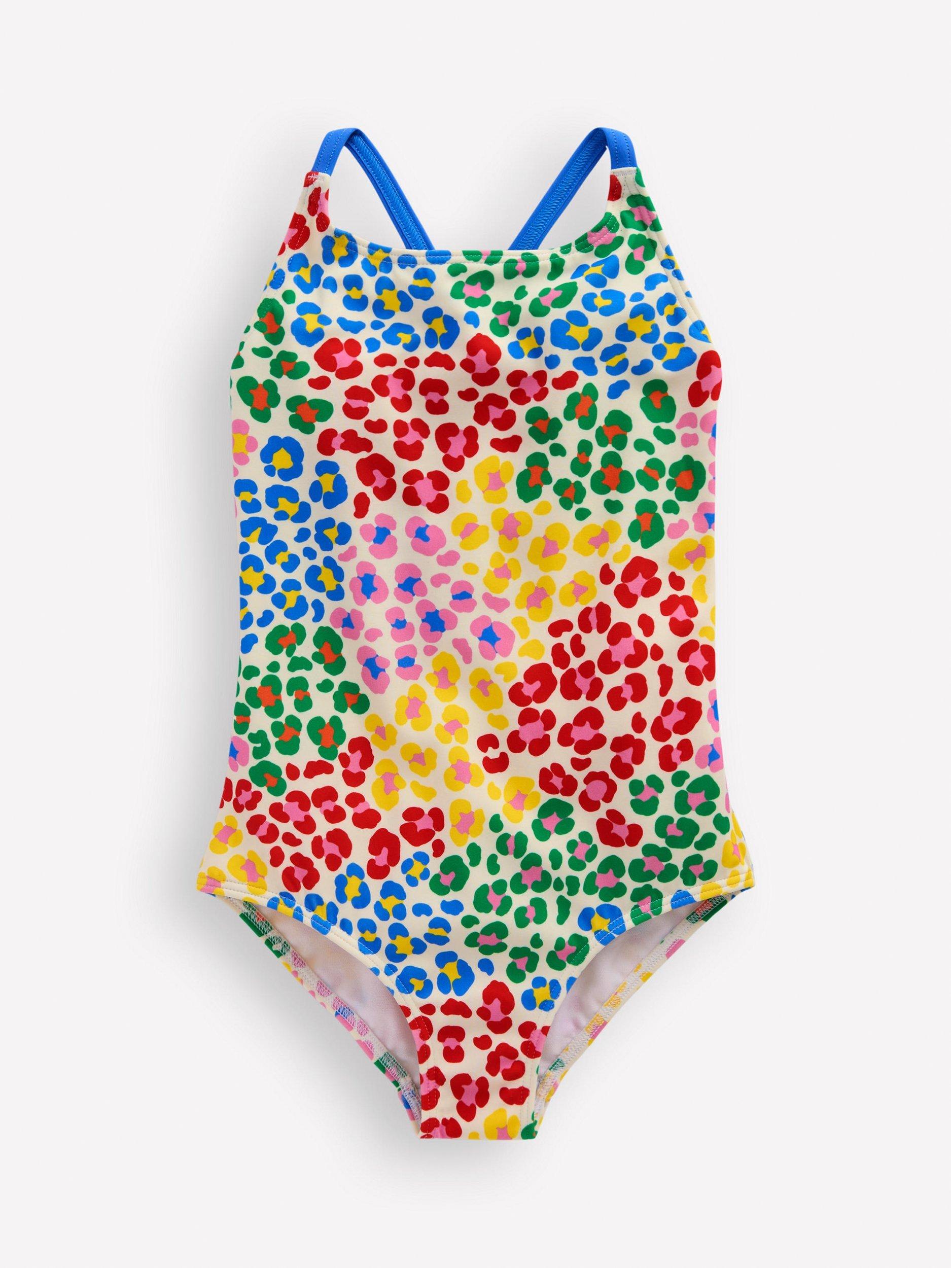 Product image 1 of 3, which shows Mini Boden Kids' Selena Multi-Strap Swimsuit, Multi Leopard, 2-3 years
