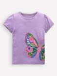 Mini Boden Kids' Puff Sleeve Superstitch T-Shirt, Violet Butterfly