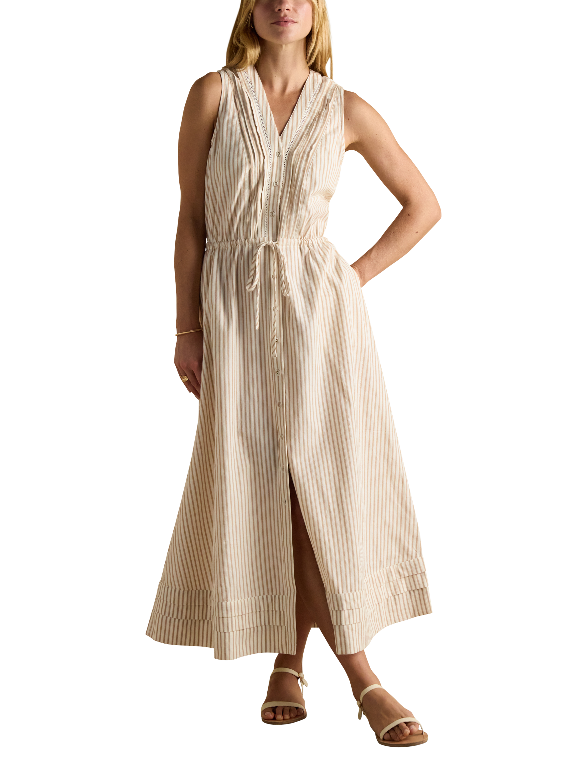 Joules Stripe Sleeveless Midi Dress, Crème/Tan