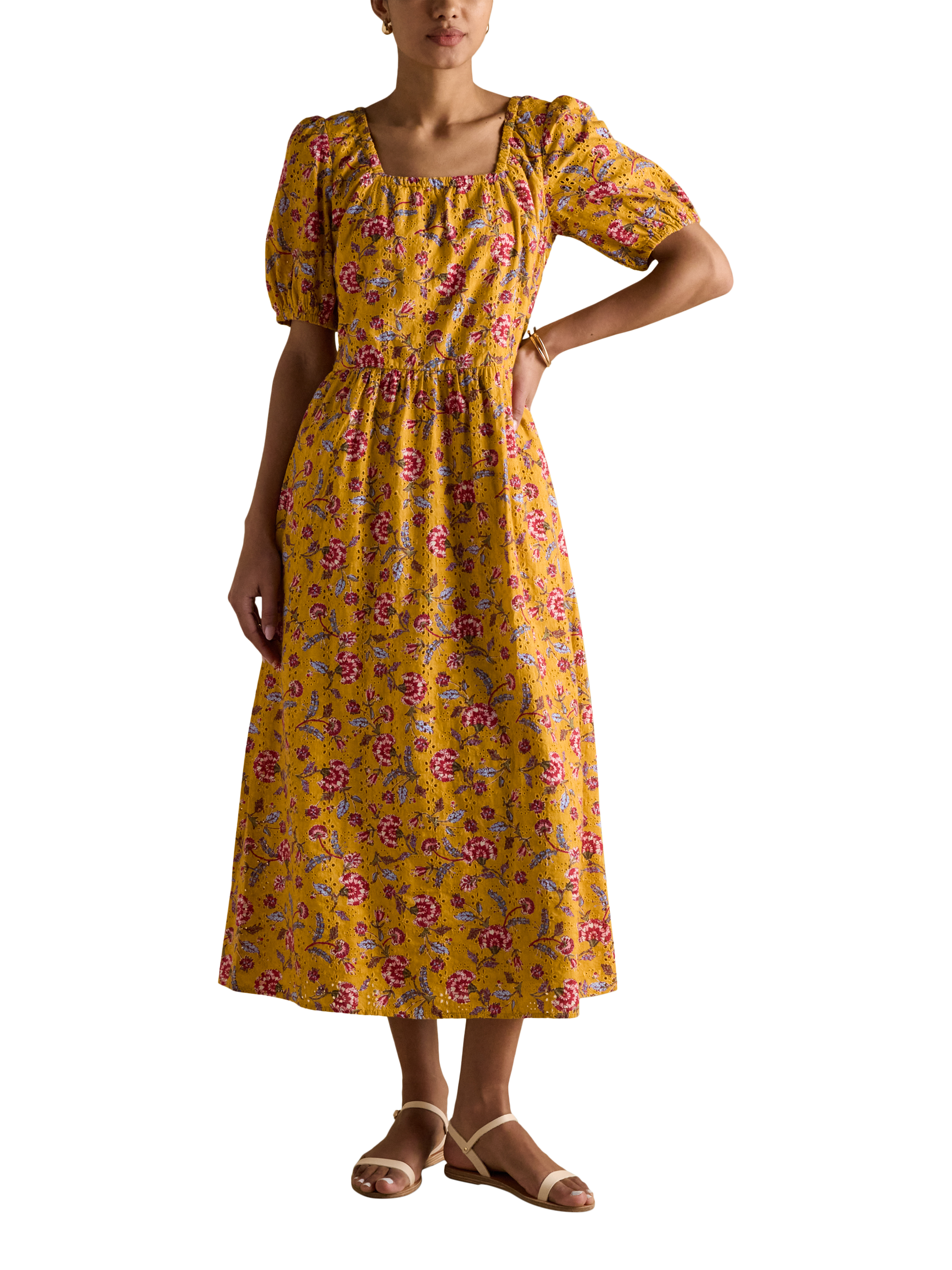 Joules Square Neck Floral Midi Dress, Yellow/Multi