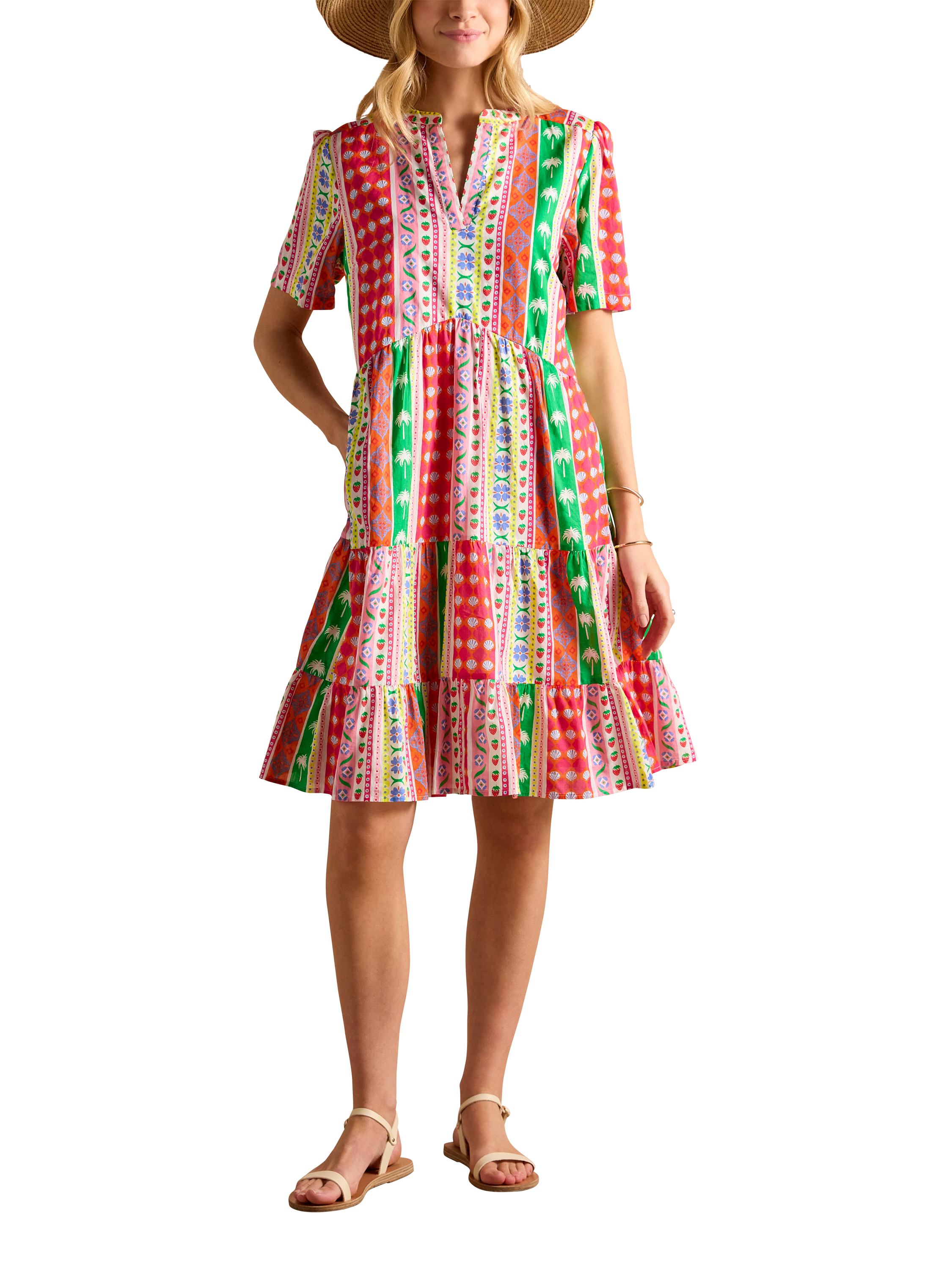 Joules Geometric Stripe Tiered Dress, Pink/Multi