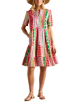 Joules Geometric Stripe Tiered Dress, Pink/Multi