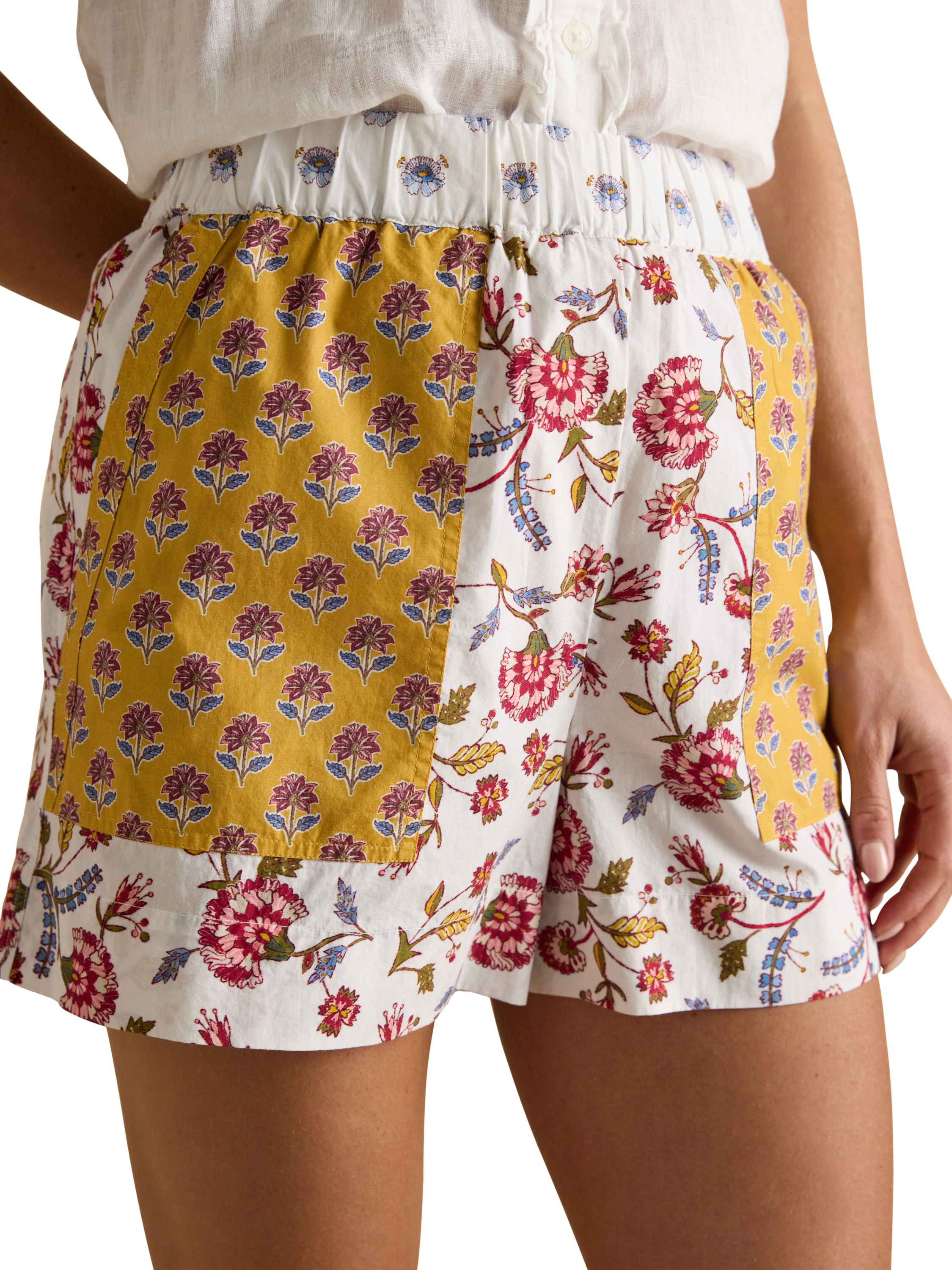Product image 2 of 7, which shows Joules Mid Rise Contrast Floral Print Shorts, Yellow/Multi, 8
