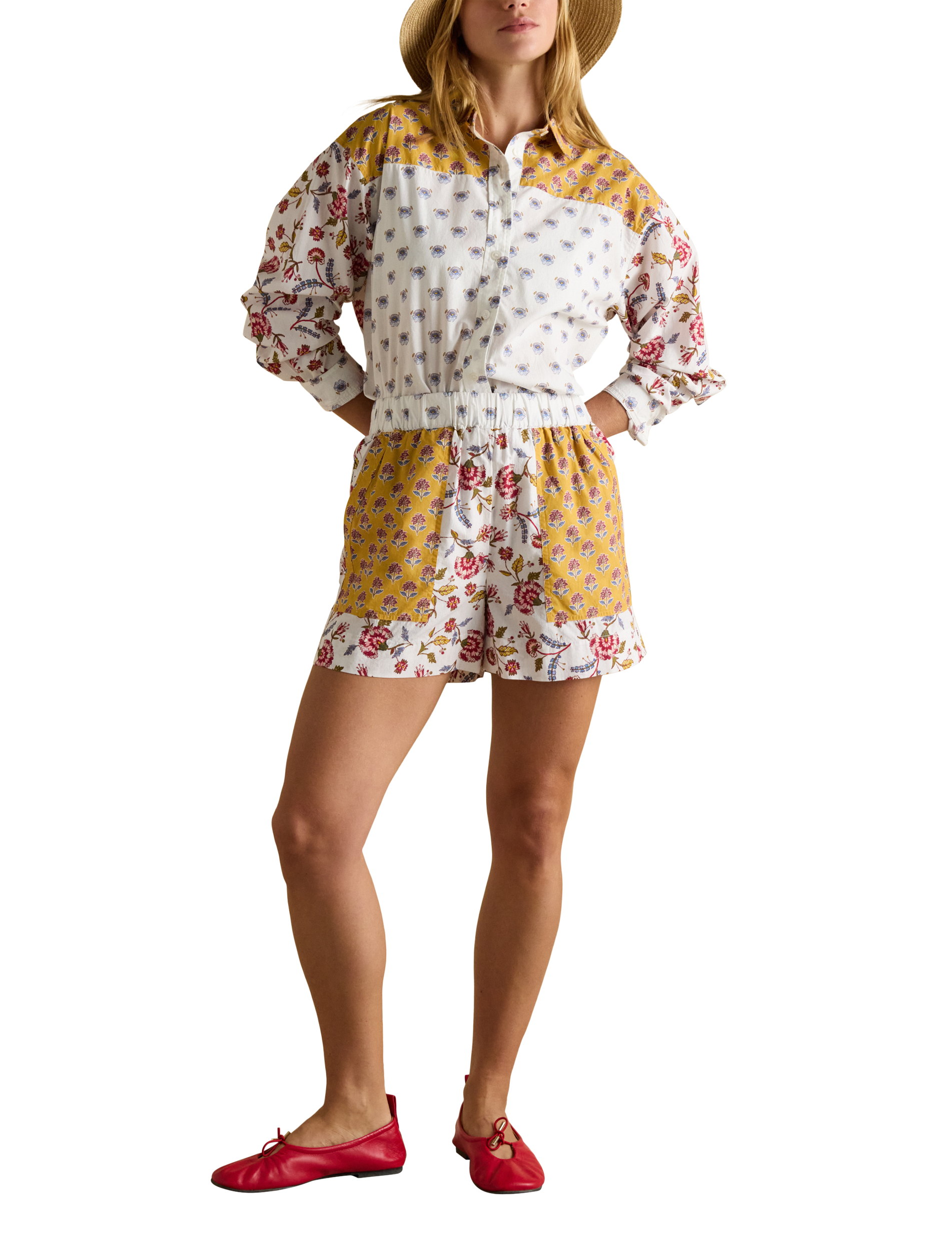 Product image 5 of 7, which shows Joules Mid Rise Contrast Floral Print Shorts, Yellow/Multi, 8
