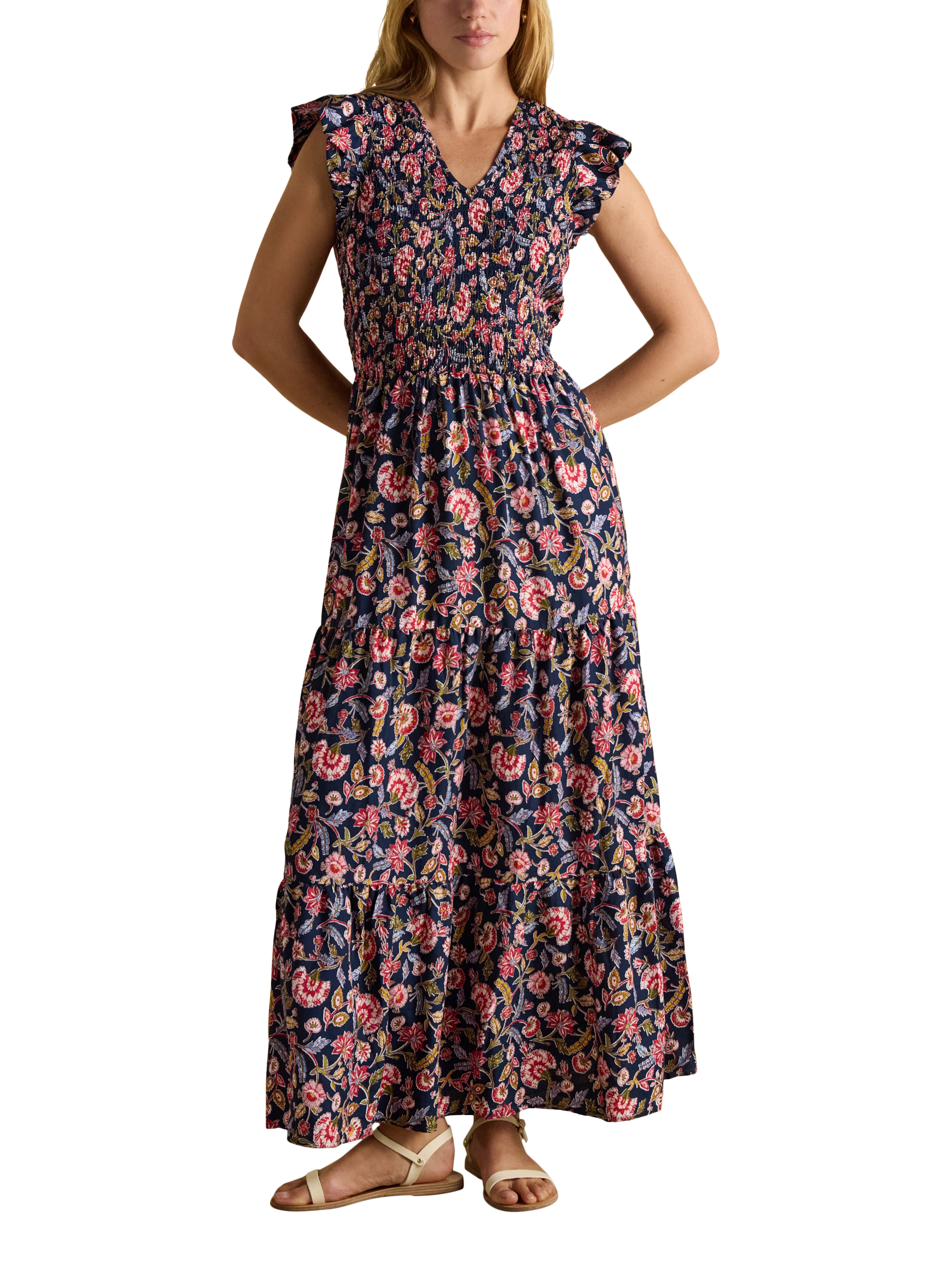 Joules Floral Shirred Midi Dress, Navy/Multi
