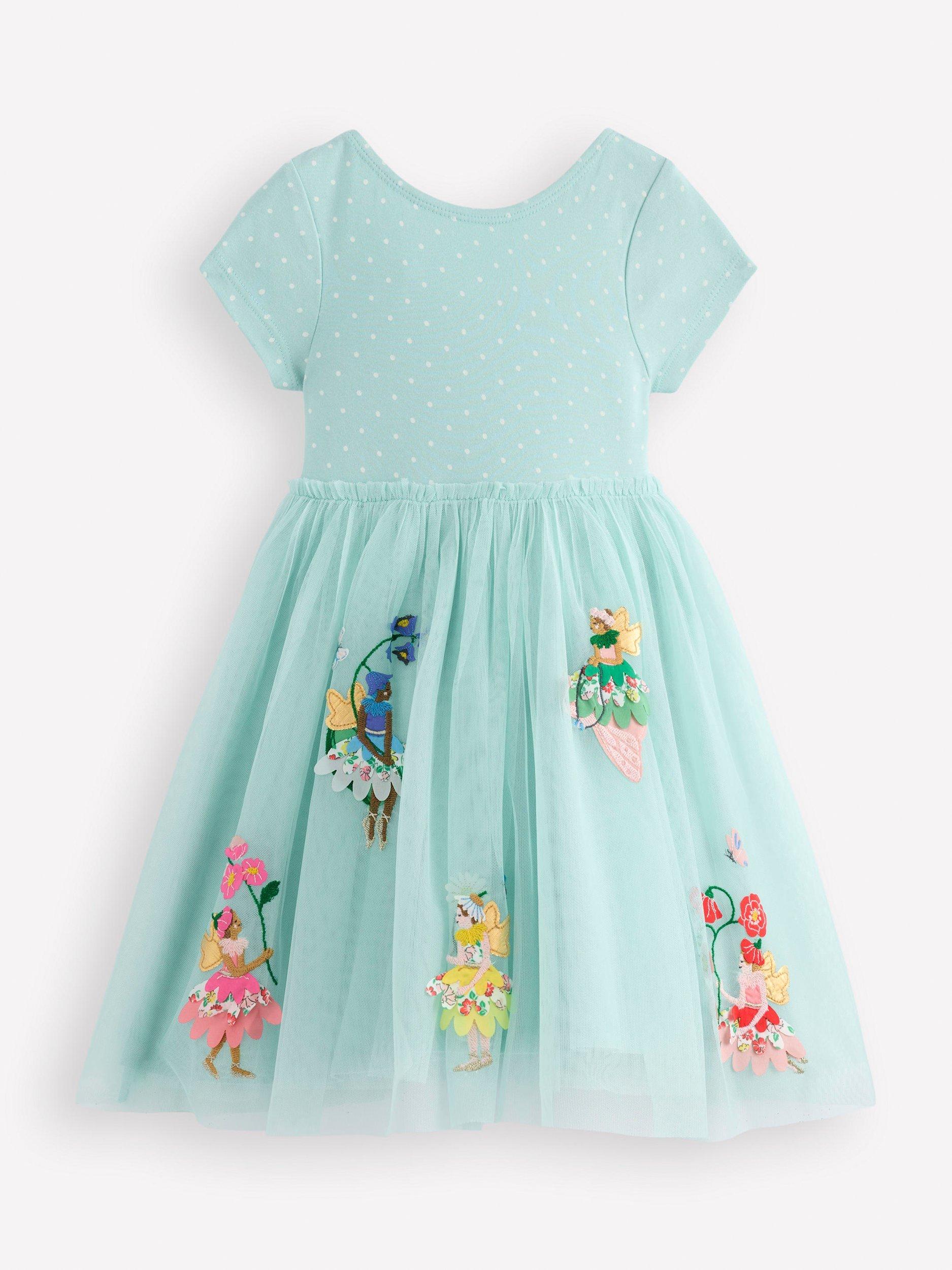 Mini Boden Kids' Ami Applique Tulle Midi Dress, Blue Flower Fairies