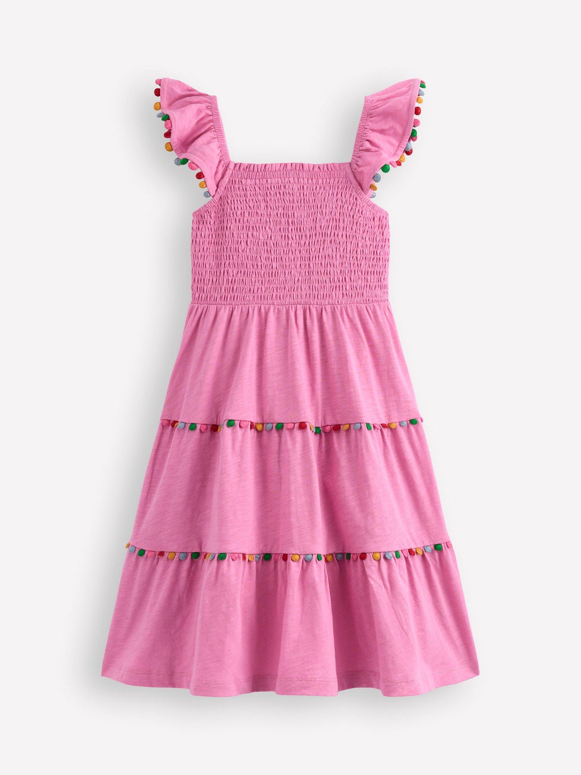 Product image 1 of 3, which shows Mini Boden Kids' Addison Cotton Twirly Tiered Dress, Pink, 7-8 years