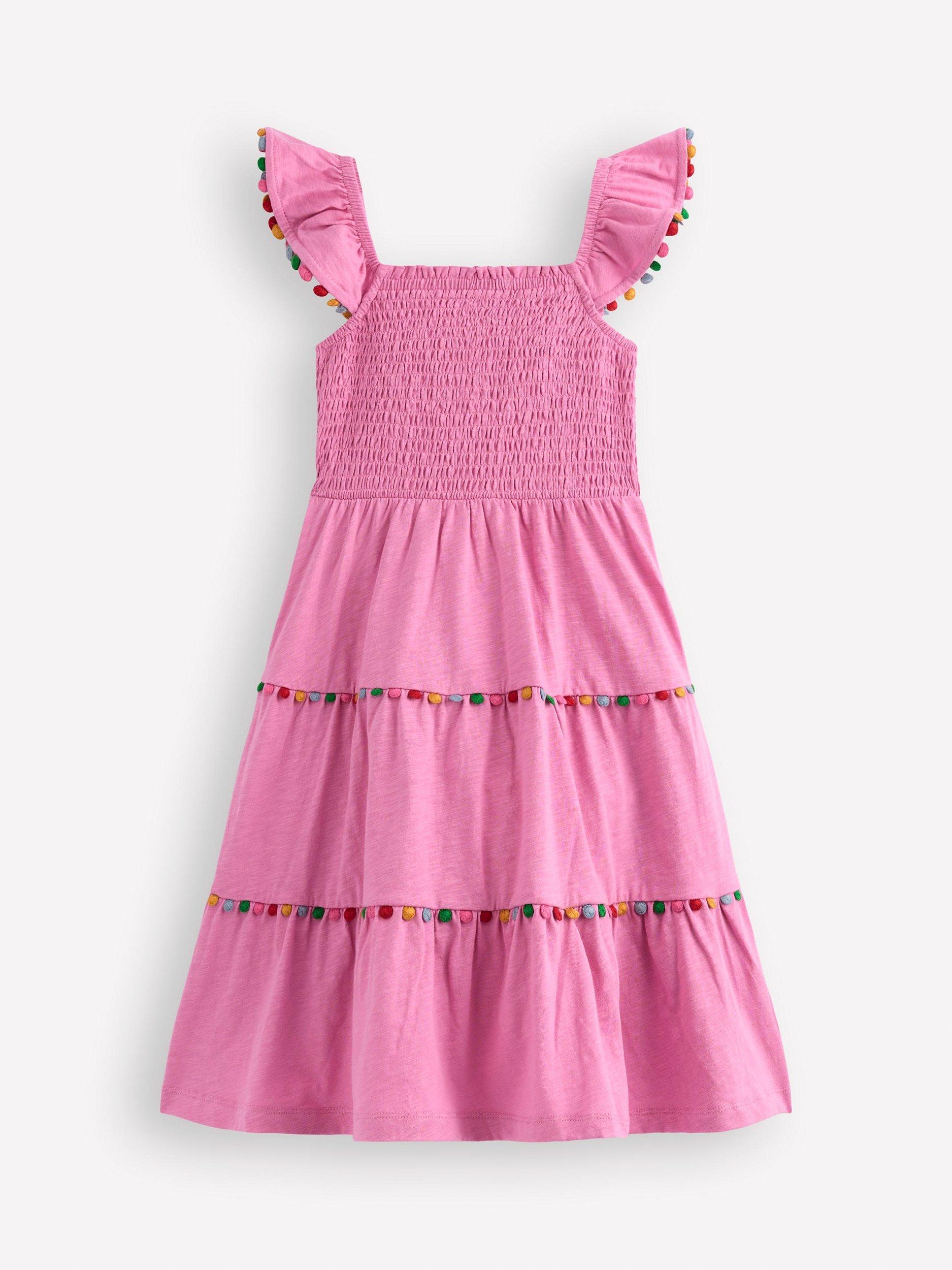 Product image 2 of 3, which shows Mini Boden Kids' Addison Cotton Twirly Tiered Dress, Pink, 7-8 years