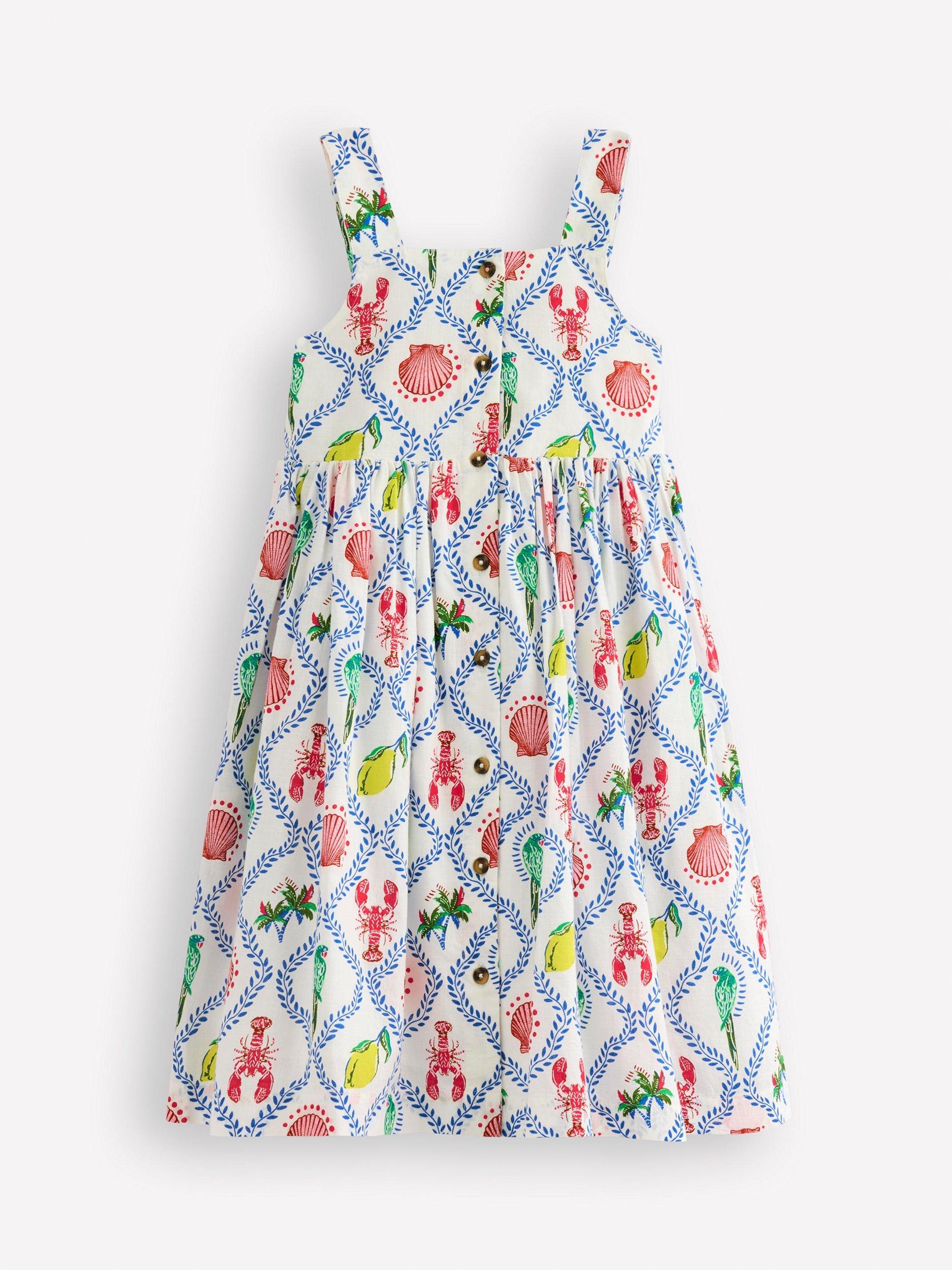 Mini Boden Kids' Remy Cotton Button Through Dress, Multi Holiday Tile