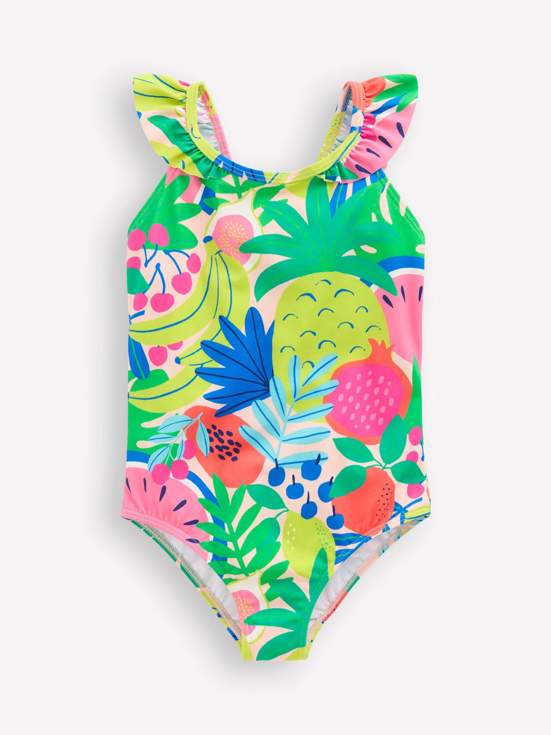 Product image 1 of 3, which shows Mini Boden Kids' Hallie Frill Strap Swimsuit, Multi Tropical Fruit, 6-7 years