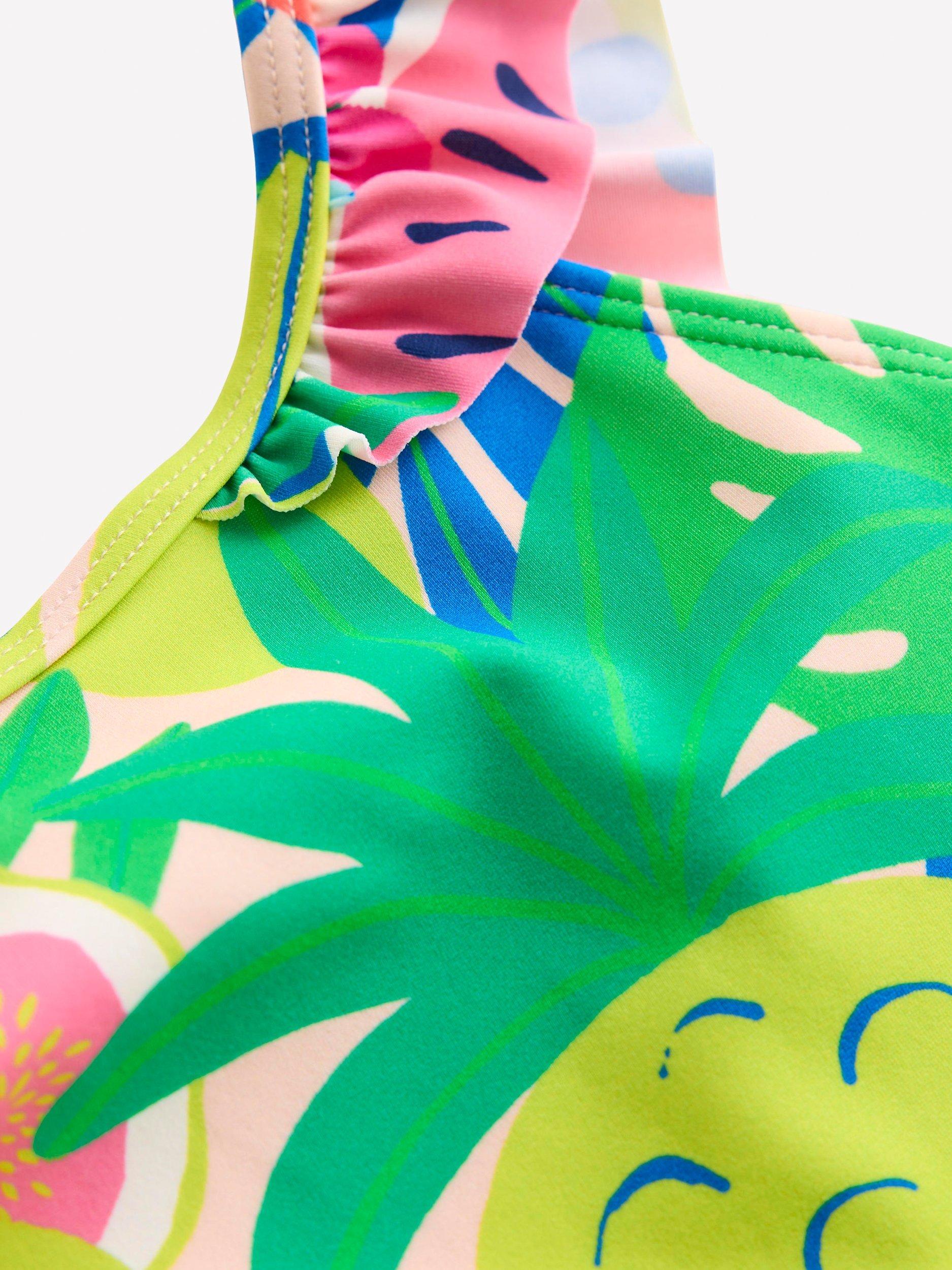 Product image 3 of 3, which shows Mini Boden Kids' Hallie Frill Strap Swimsuit, Multi Tropical Fruit, 6-7 years