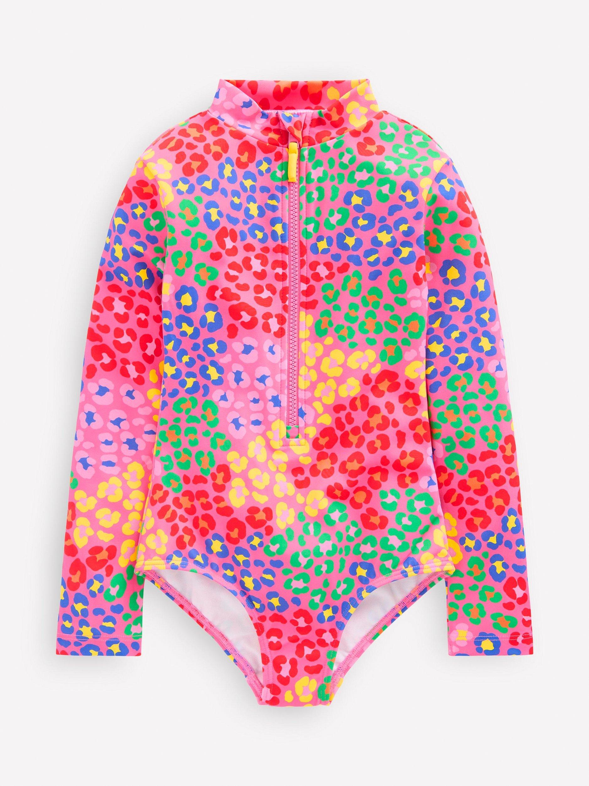 Product image 1 of 3, which shows Mini Boden Kids' Zip-Up Long Sleeve Swimsuit, Pink Rainbow Leopard, 5-6 years