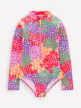 Mini Boden Kids' Zip-Up Long Sleeve Swimsuit, Pink Rainbow Leopard