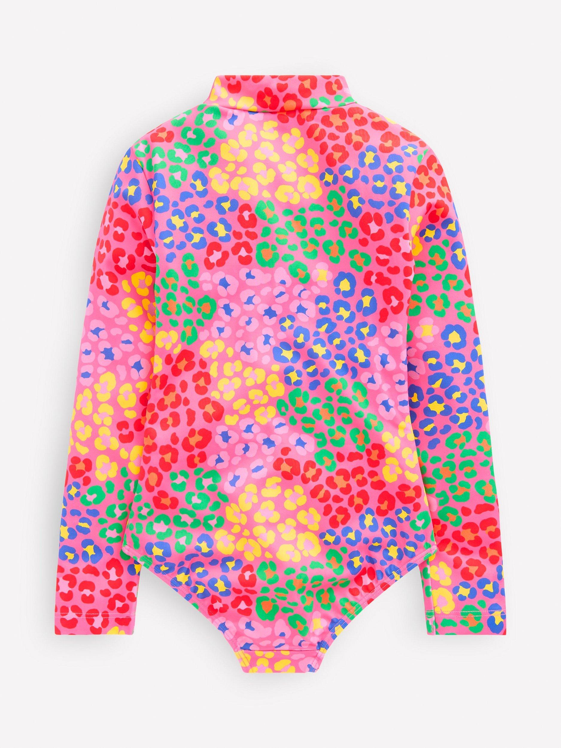 Product image 2 of 3, which shows Mini Boden Kids' Zip-Up Long Sleeve Swimsuit, Pink Rainbow Leopard, 5-6 years