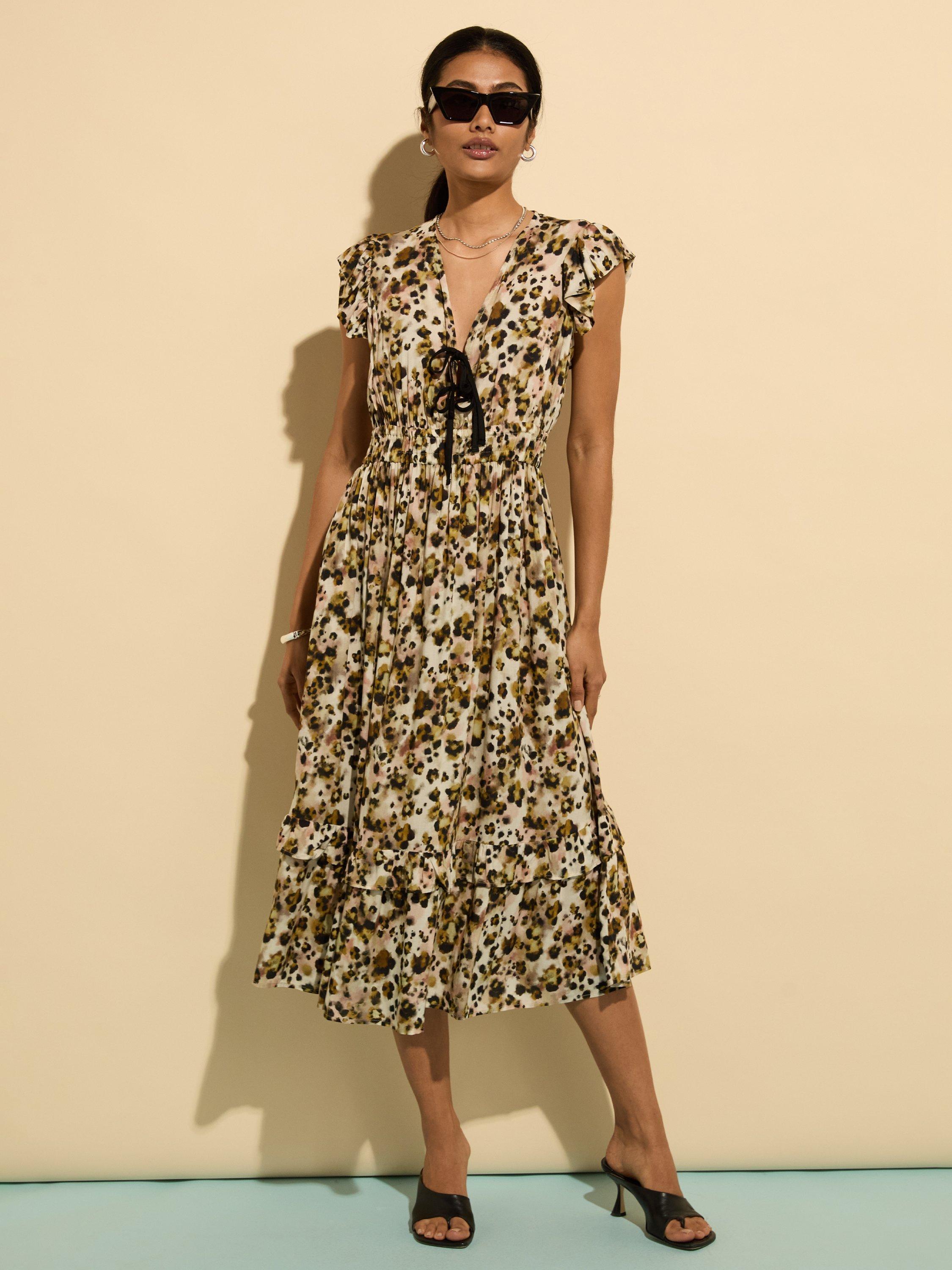 Product image 1 of 5, which shows Baukjen Philippine Abstract Leopard Print Midi Dress, Brown/Multi, 8