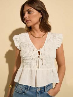 Baukjen Danielle Smocked Bodice Pure Hemp Blouse, Pure White, Pure White