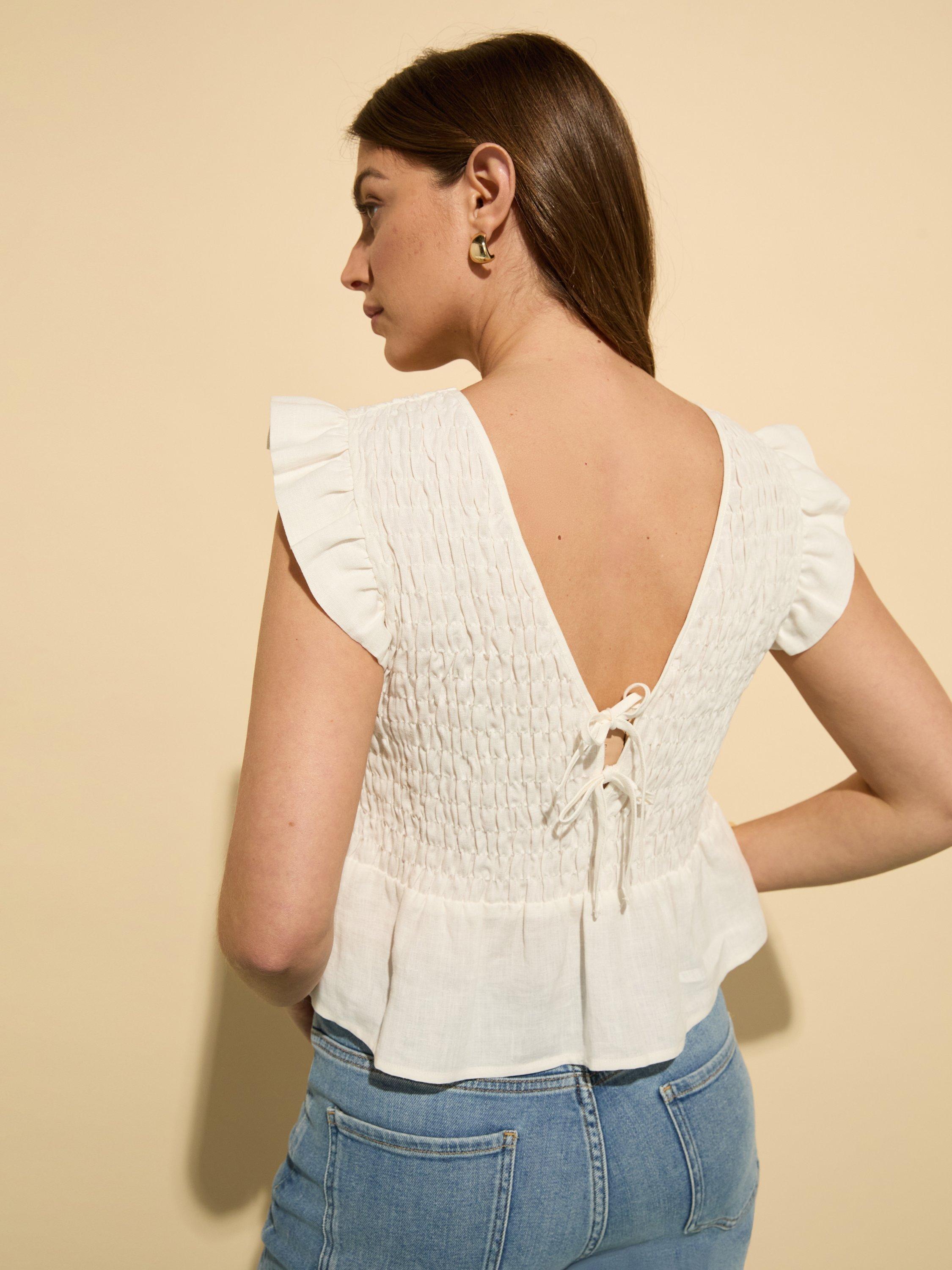 Product image 3 of 4, which shows Baukjen Danielle Smocked Bodice Pure Hemp Blouse, Pure White, 10