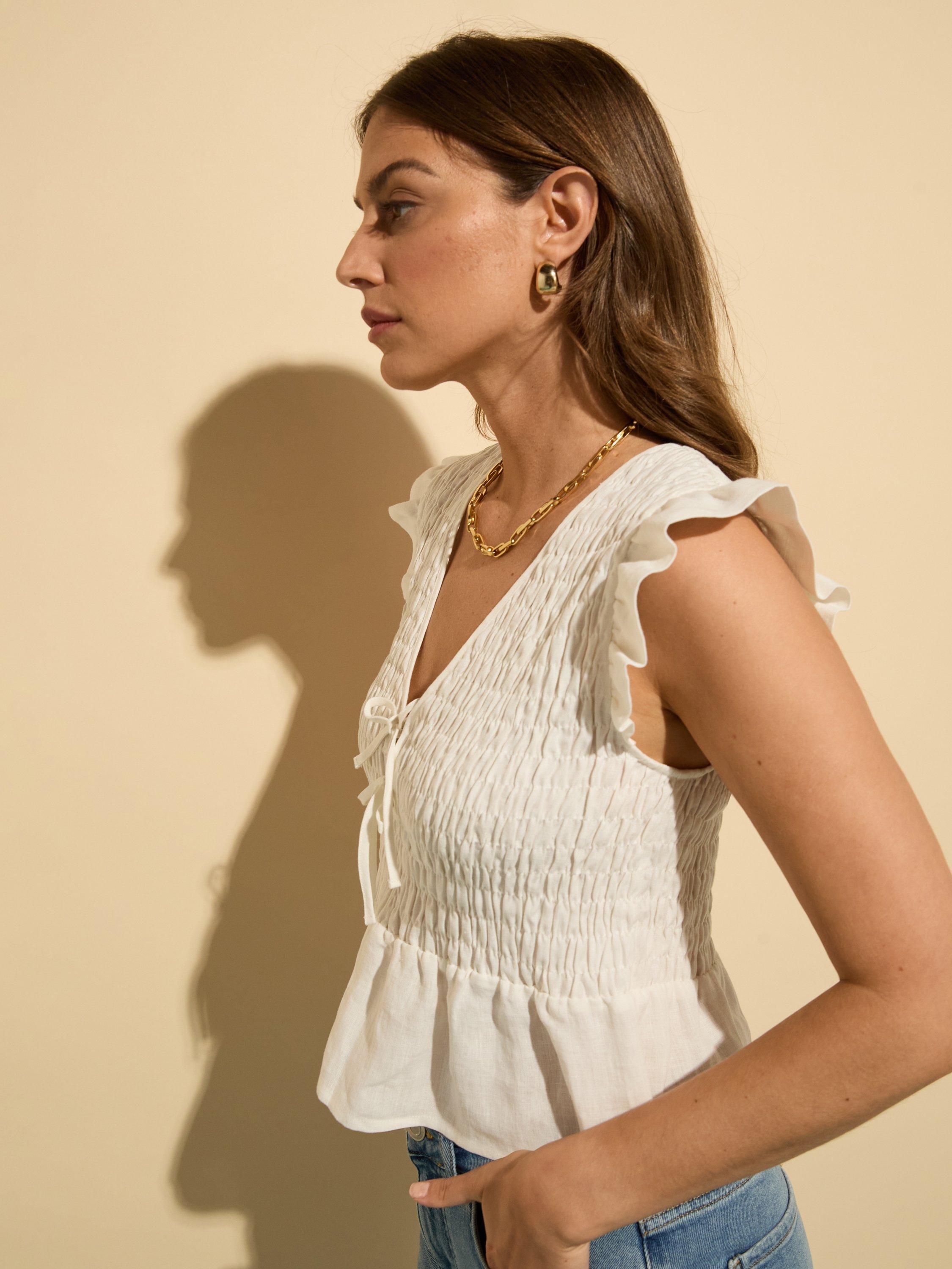 Product image 4 of 4, which shows Baukjen Danielle Smocked Bodice Pure Hemp Blouse, Pure White, 10
