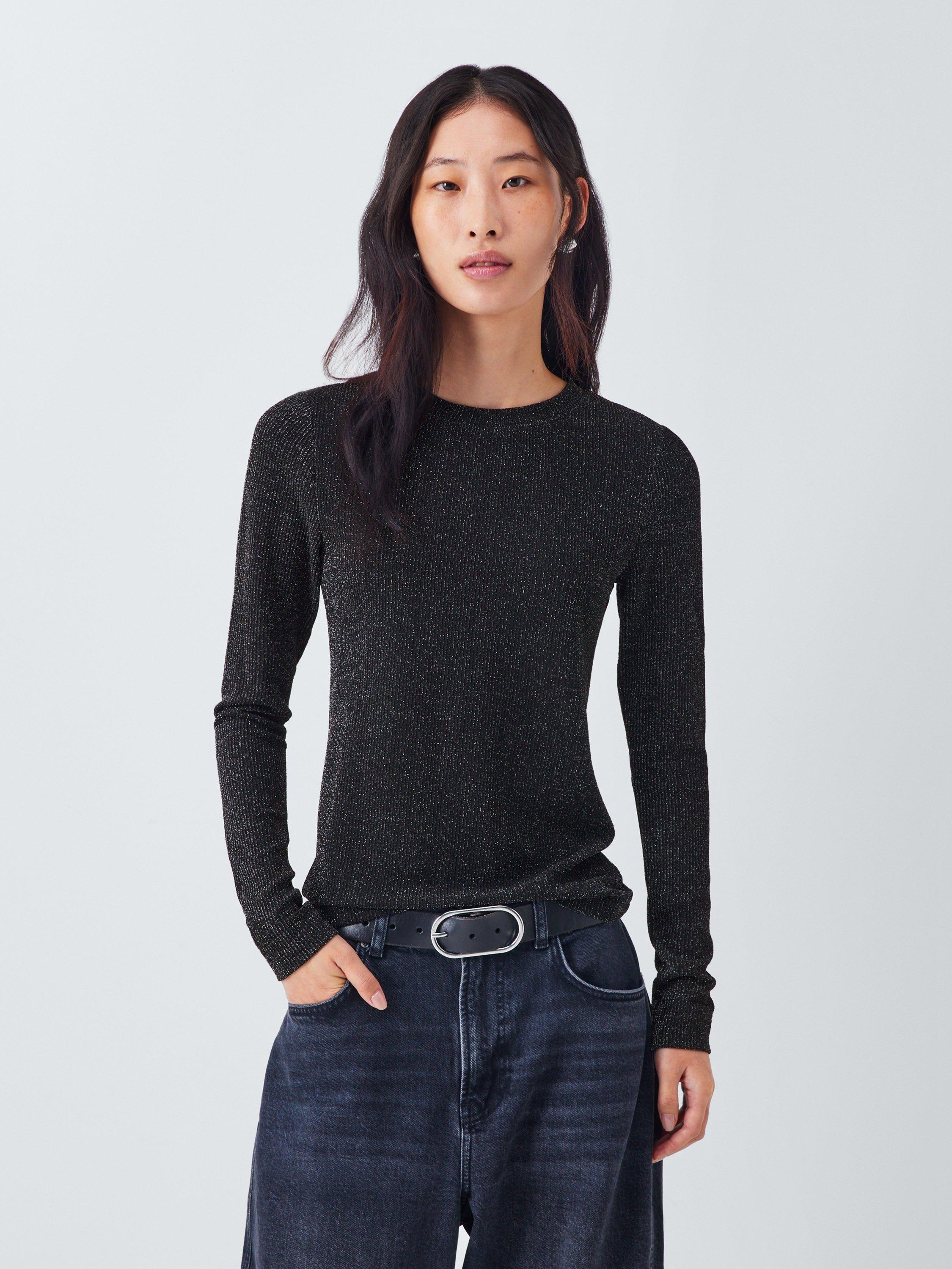 Product image 1 of 6, which shows AND/OR Glitter Thread Long Sleeve Top, Black, 6