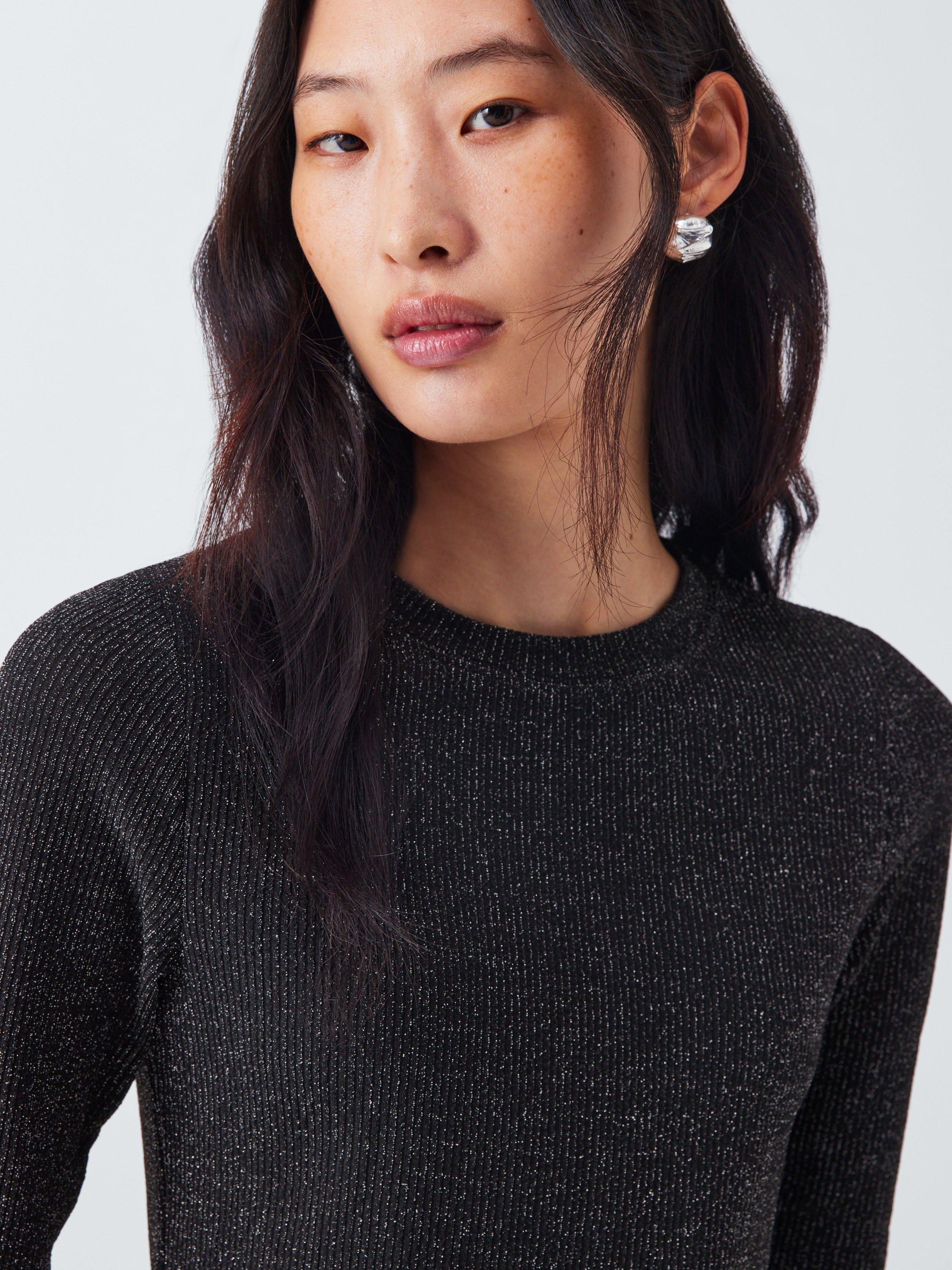 Product image 5 of 6, which shows AND/OR Glitter Thread Long Sleeve Top, Black, 6