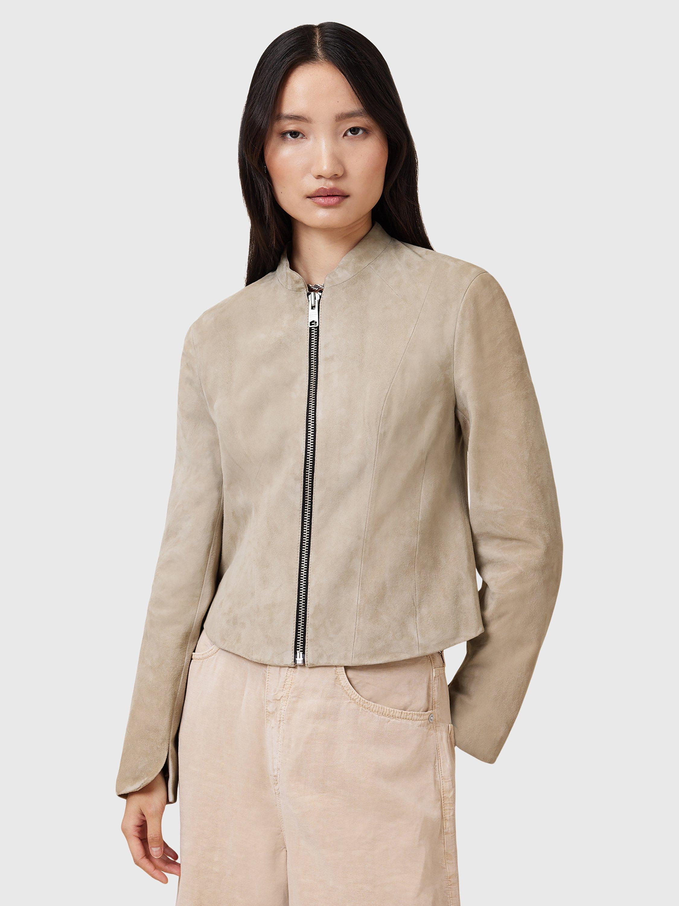 Product image 1 of 9, which shows AllSaints Sadler Slim Fit Crew Neck Suede Jacket, Grey Mid, 12