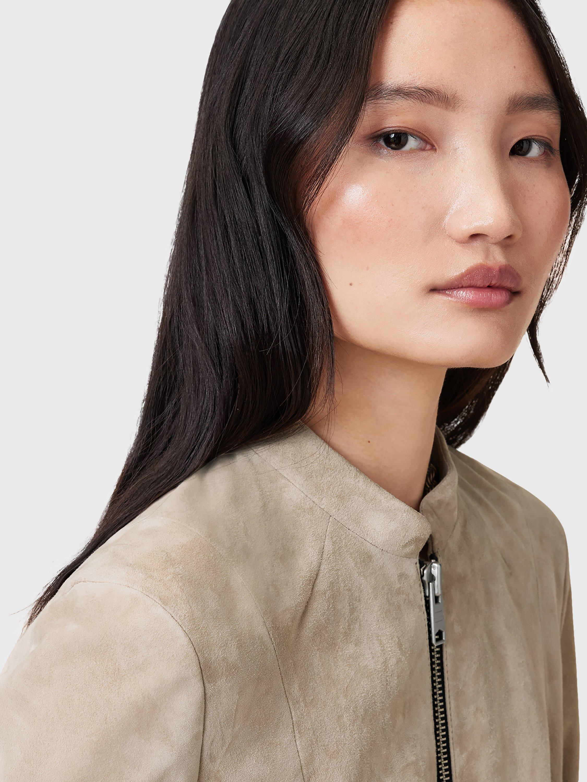 Product image 5 of 9, which shows AllSaints Sadler Slim Fit Crew Neck Suede Jacket, Grey Mid, 12