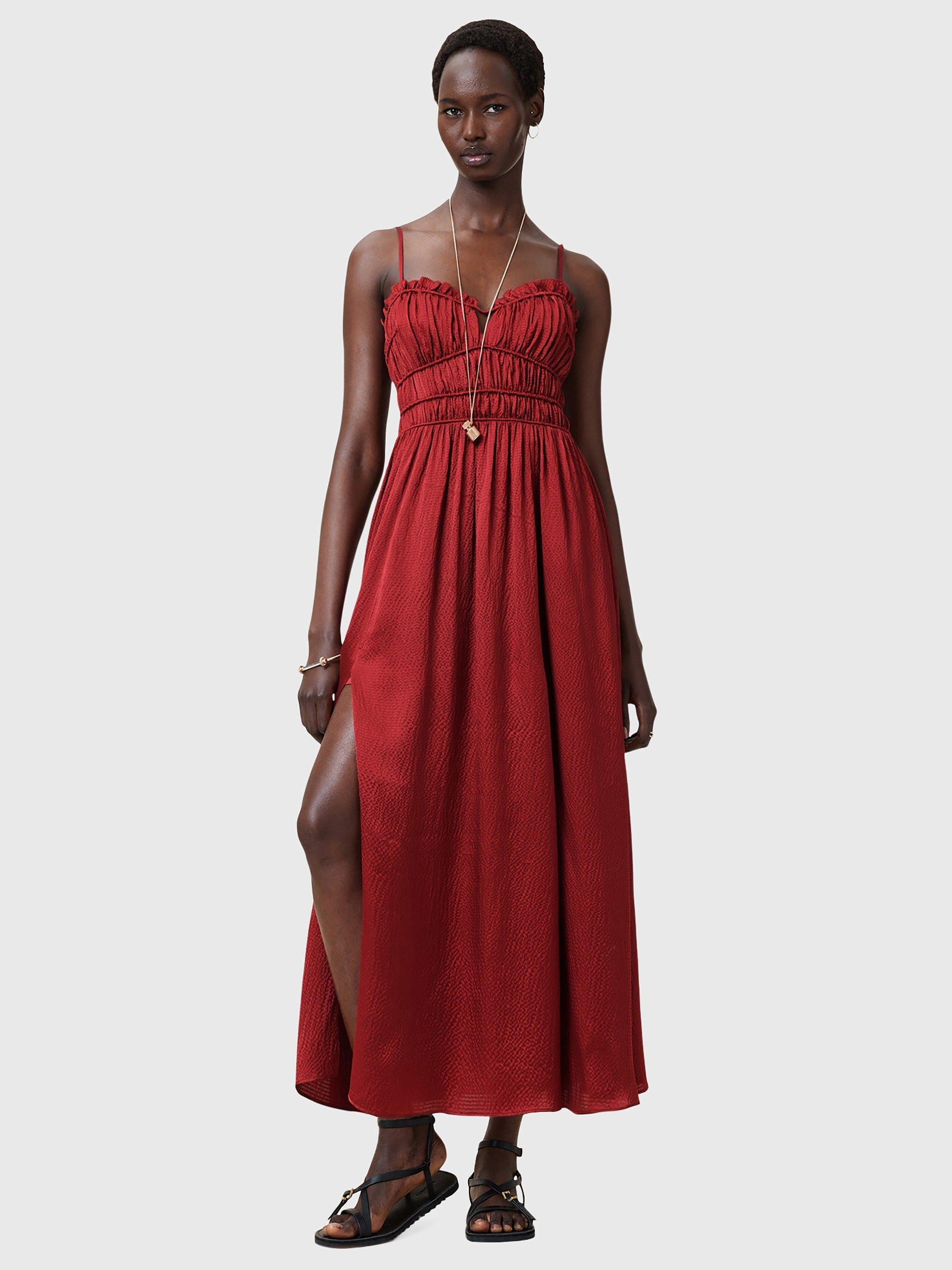 Product image 3 of 9, which shows AllSaints Faelyn Silk Maxi Dress, Rosewood Red, 10
