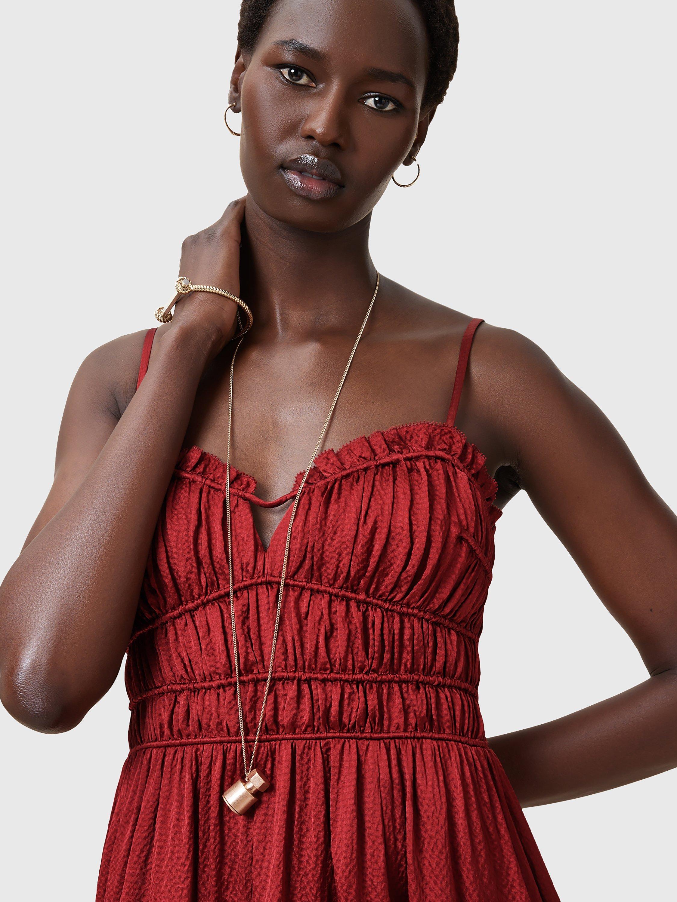 Product image 5 of 9, which shows AllSaints Faelyn Silk Maxi Dress, Rosewood Red, 10