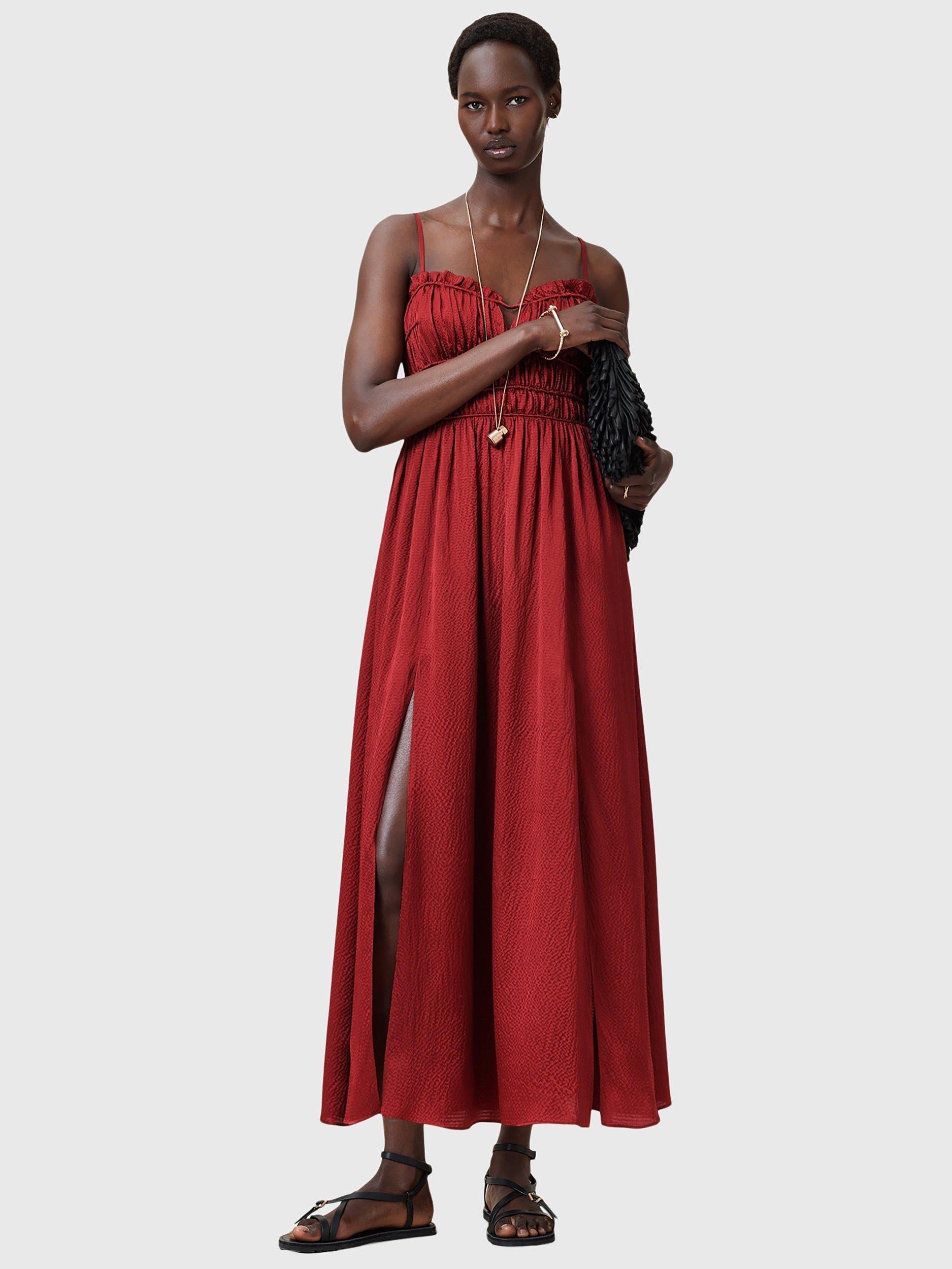 Product image 6 of 9, which shows AllSaints Faelyn Silk Maxi Dress, Rosewood Red, 10