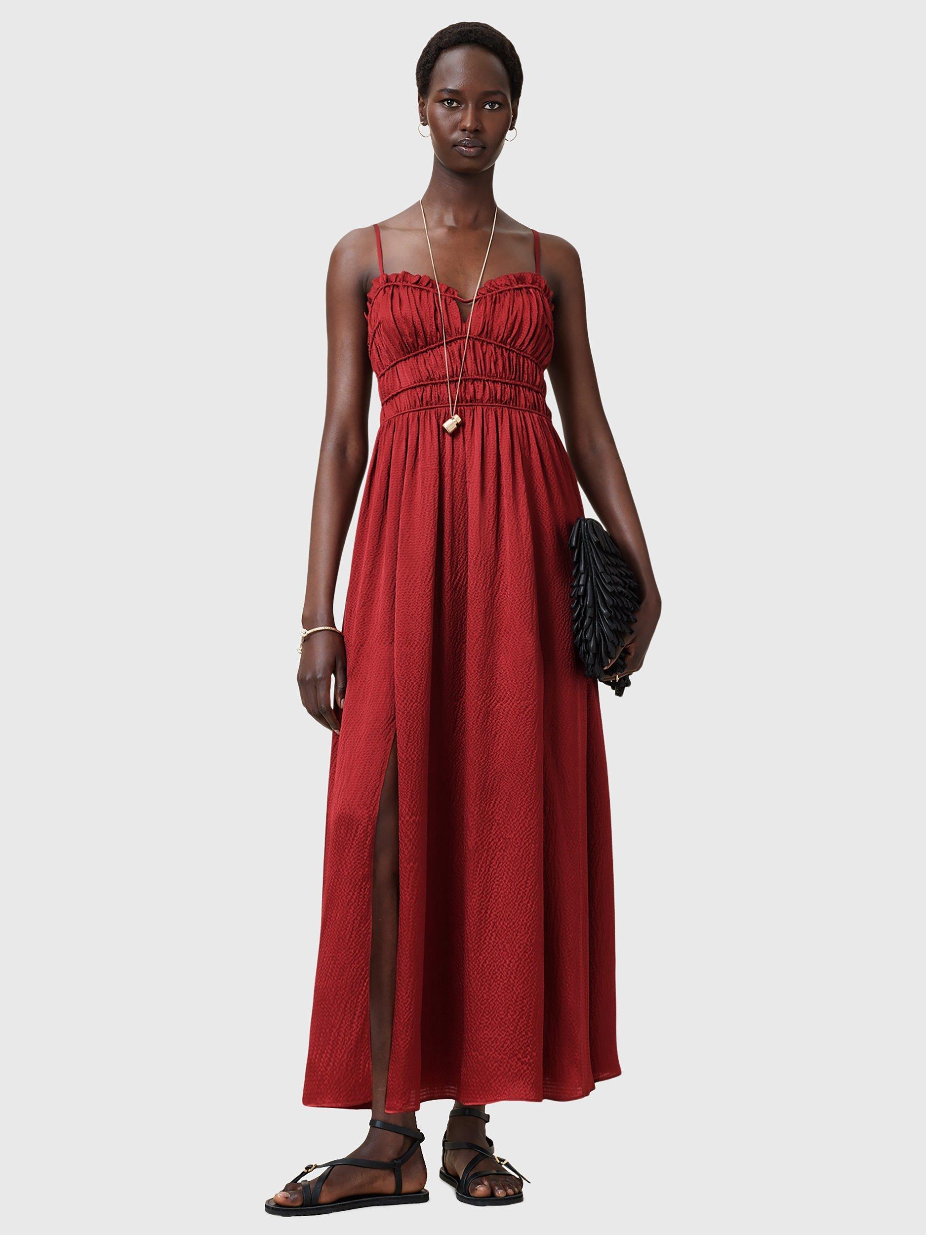 Product image 8 of 9, which shows AllSaints Faelyn Silk Maxi Dress, Rosewood Red, 10