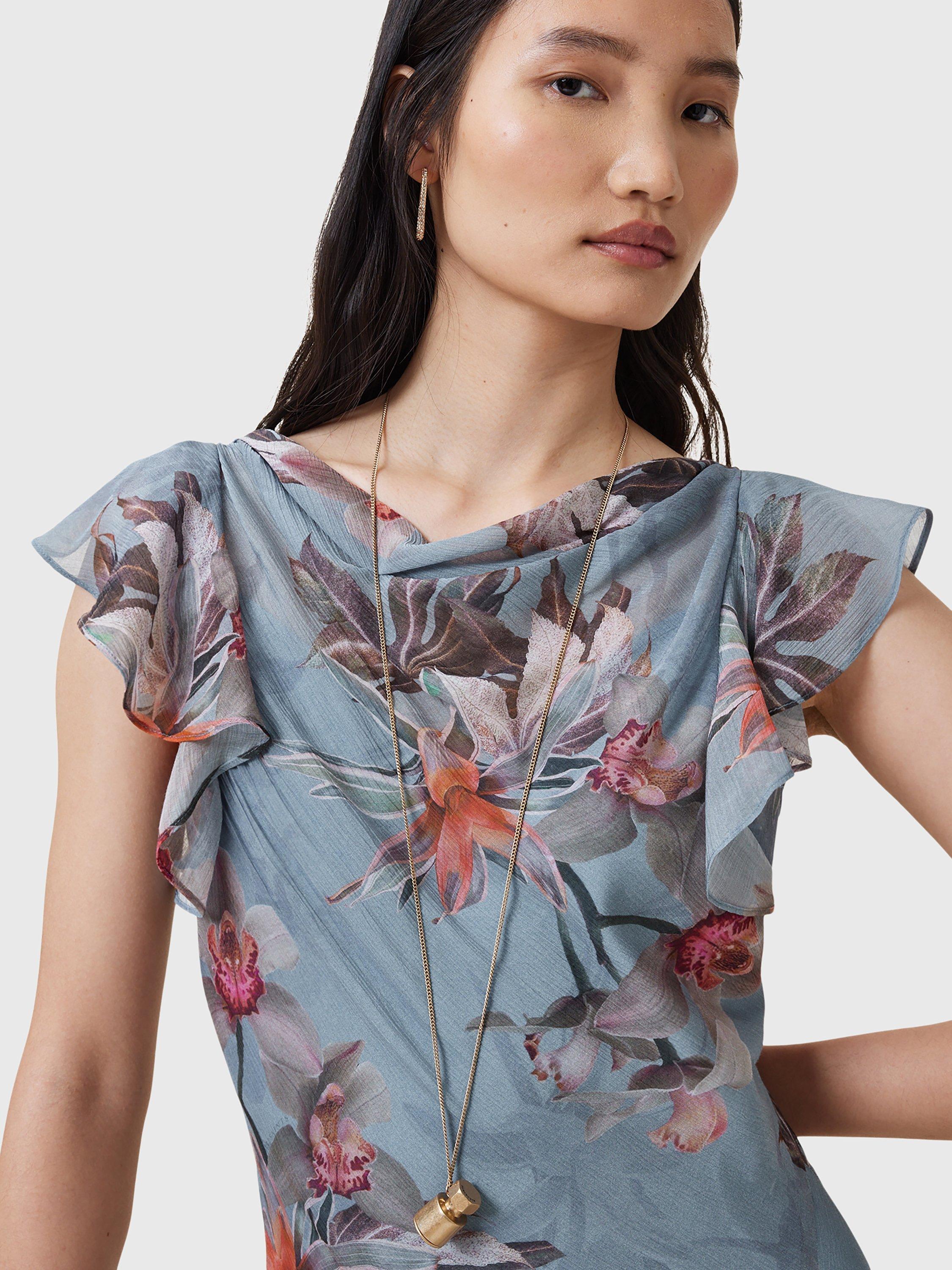 Product image 1 of 6, which shows AllSaints Flora Printed Maxi Dress, Adena Dusty Blue/Multi, 10