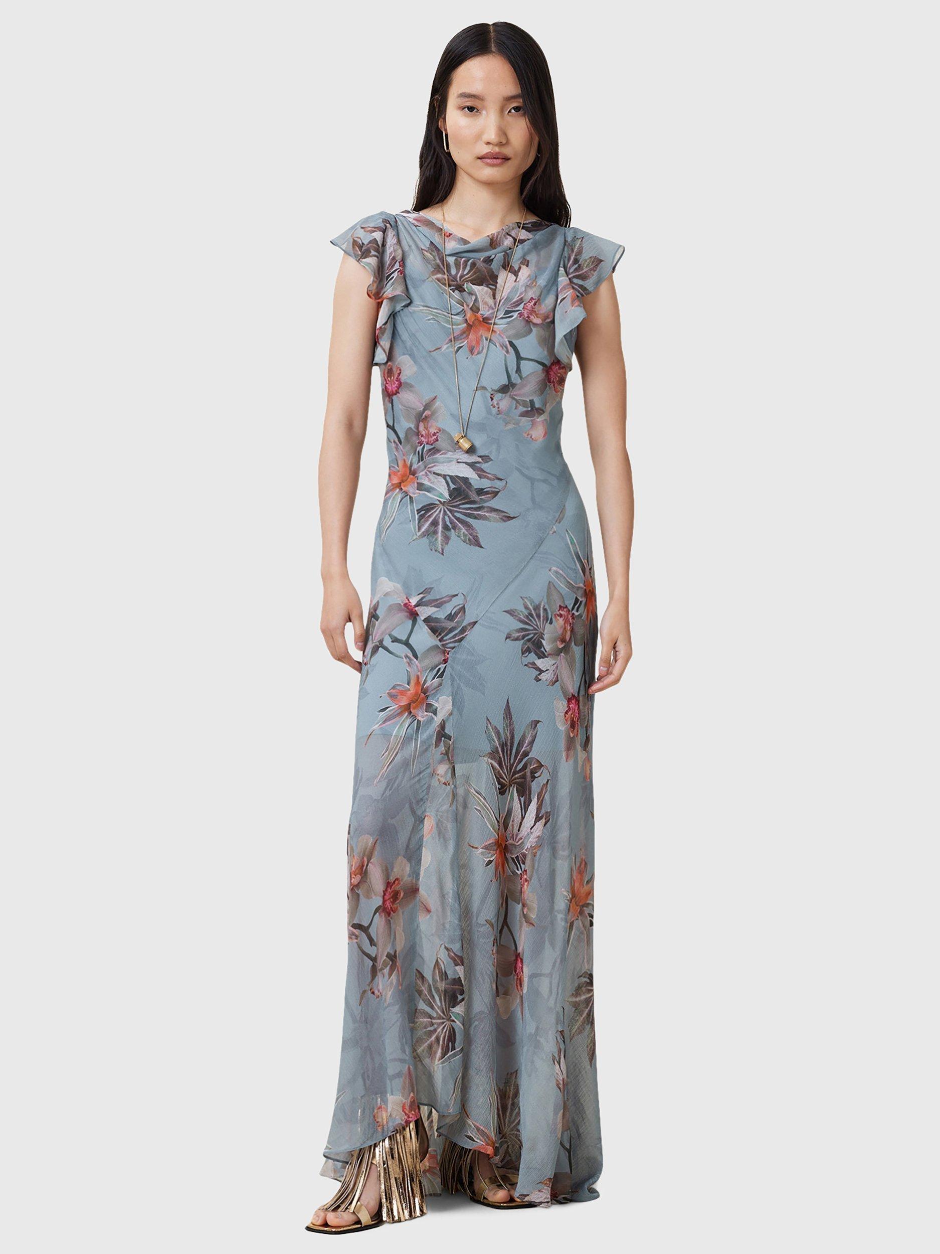 Product image 3 of 6, which shows AllSaints Flora Printed Maxi Dress, Adena Dusty Blue/Multi, 10