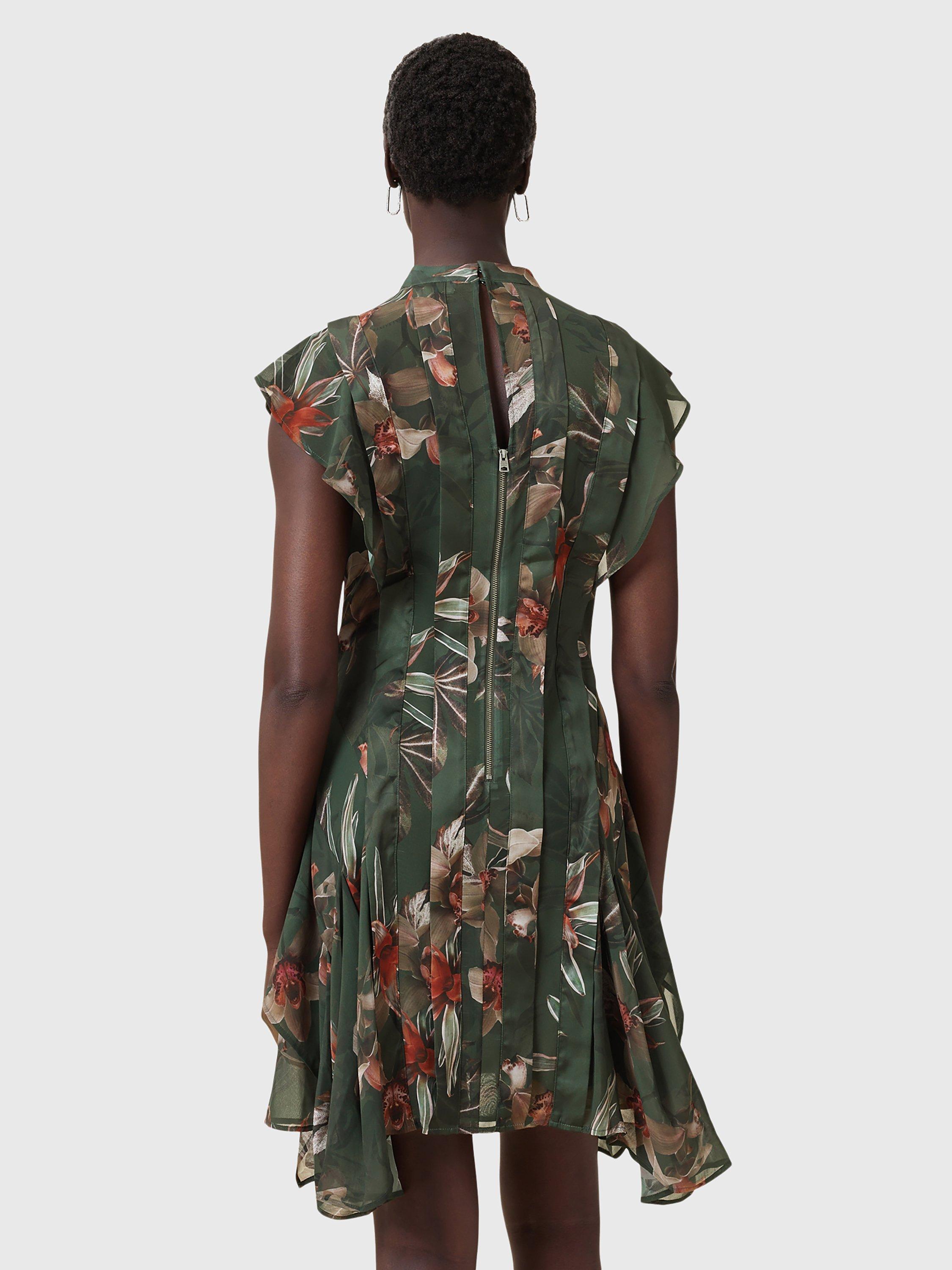 Product image 2 of 5, which shows AllSaints Fleur Printed Asymmetric Mini Dress, Adena Khaki/Multi, 10