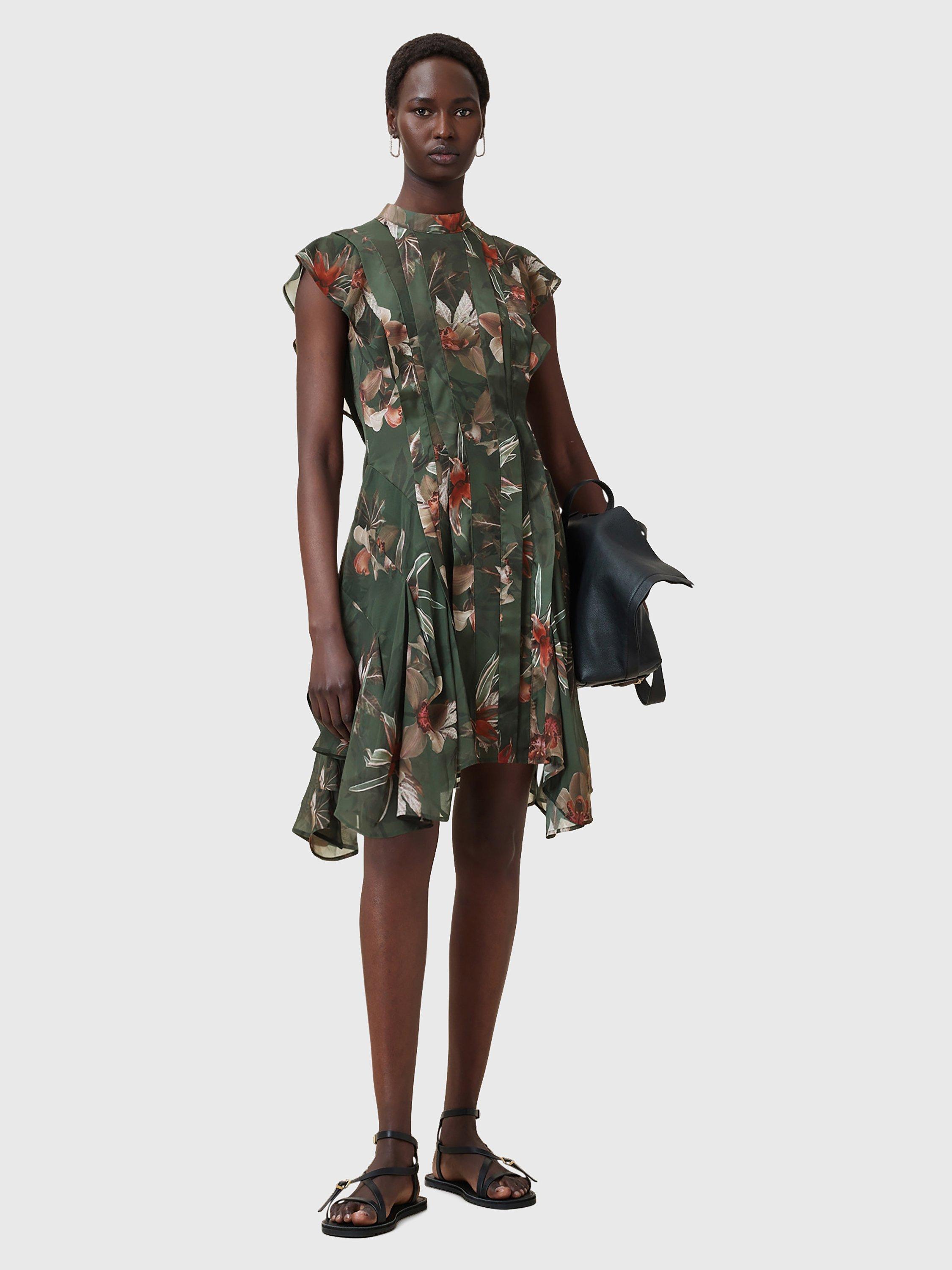 Product image 3 of 5, which shows AllSaints Fleur Printed Asymmetric Mini Dress, Adena Khaki/Multi, 10