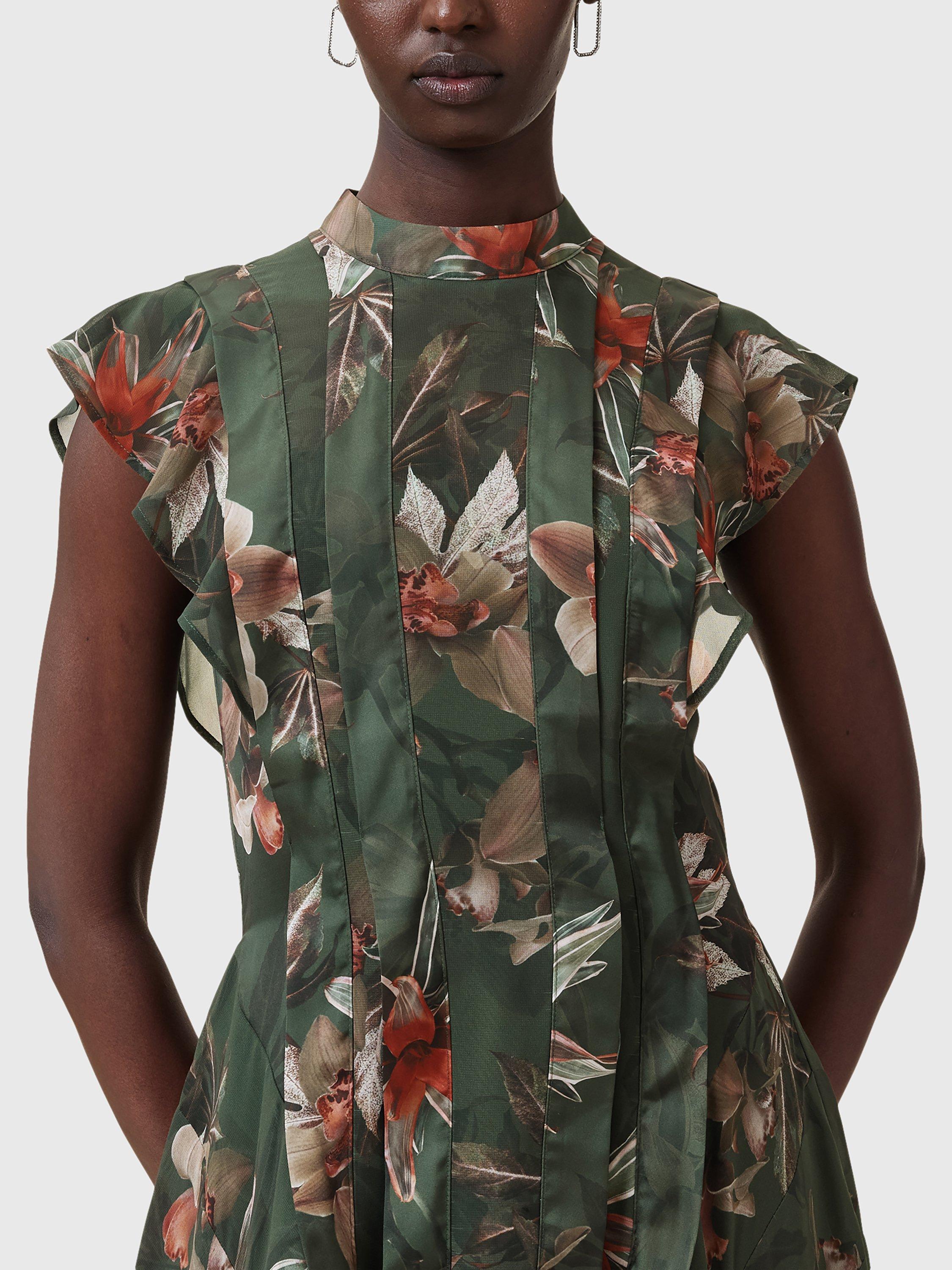 Product image 4 of 5, which shows AllSaints Fleur Printed Asymmetric Mini Dress, Adena Khaki/Multi, 10