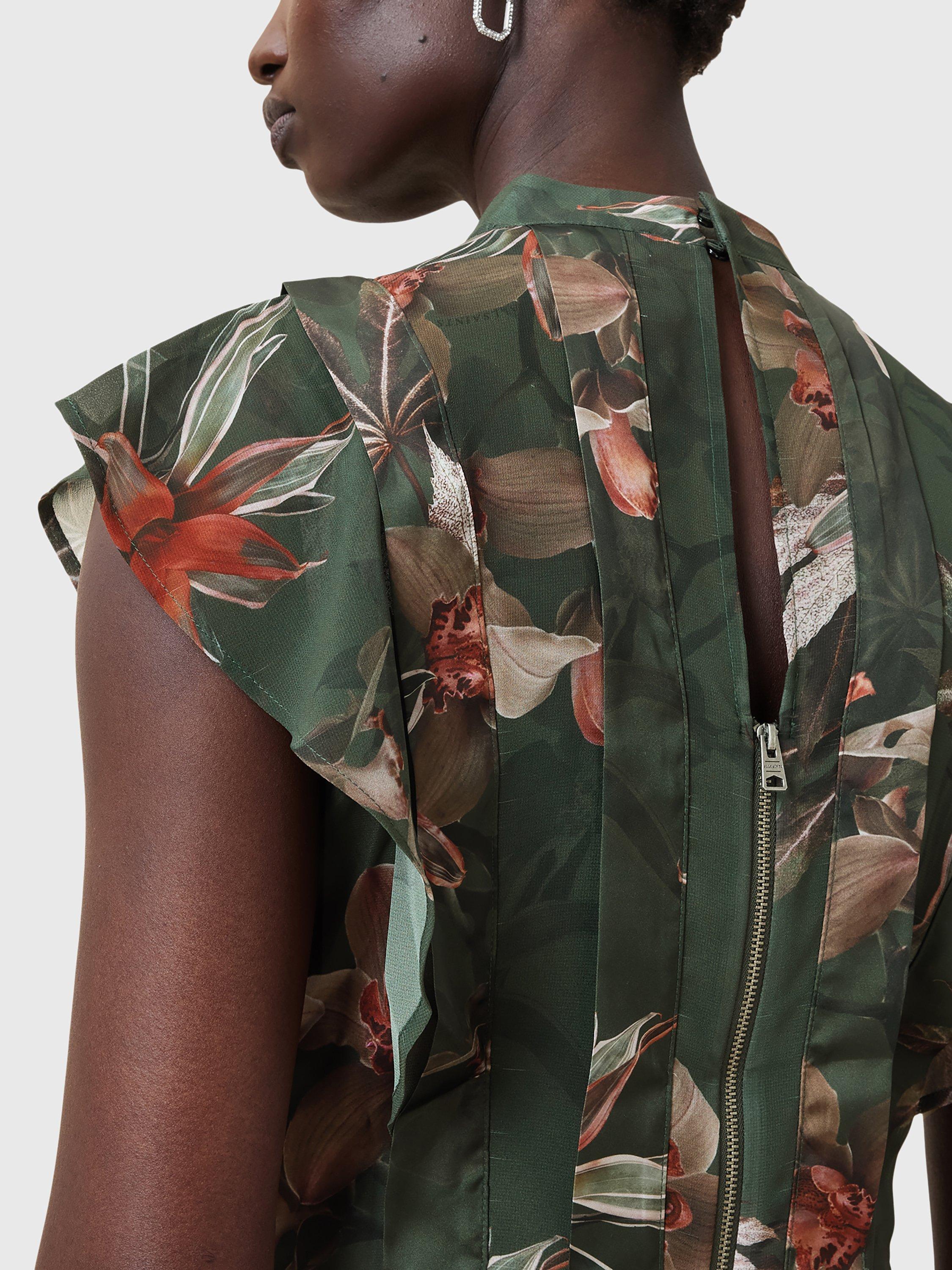 Product image 5 of 5, which shows AllSaints Fleur Printed Asymmetric Mini Dress, Adena Khaki/Multi, 10