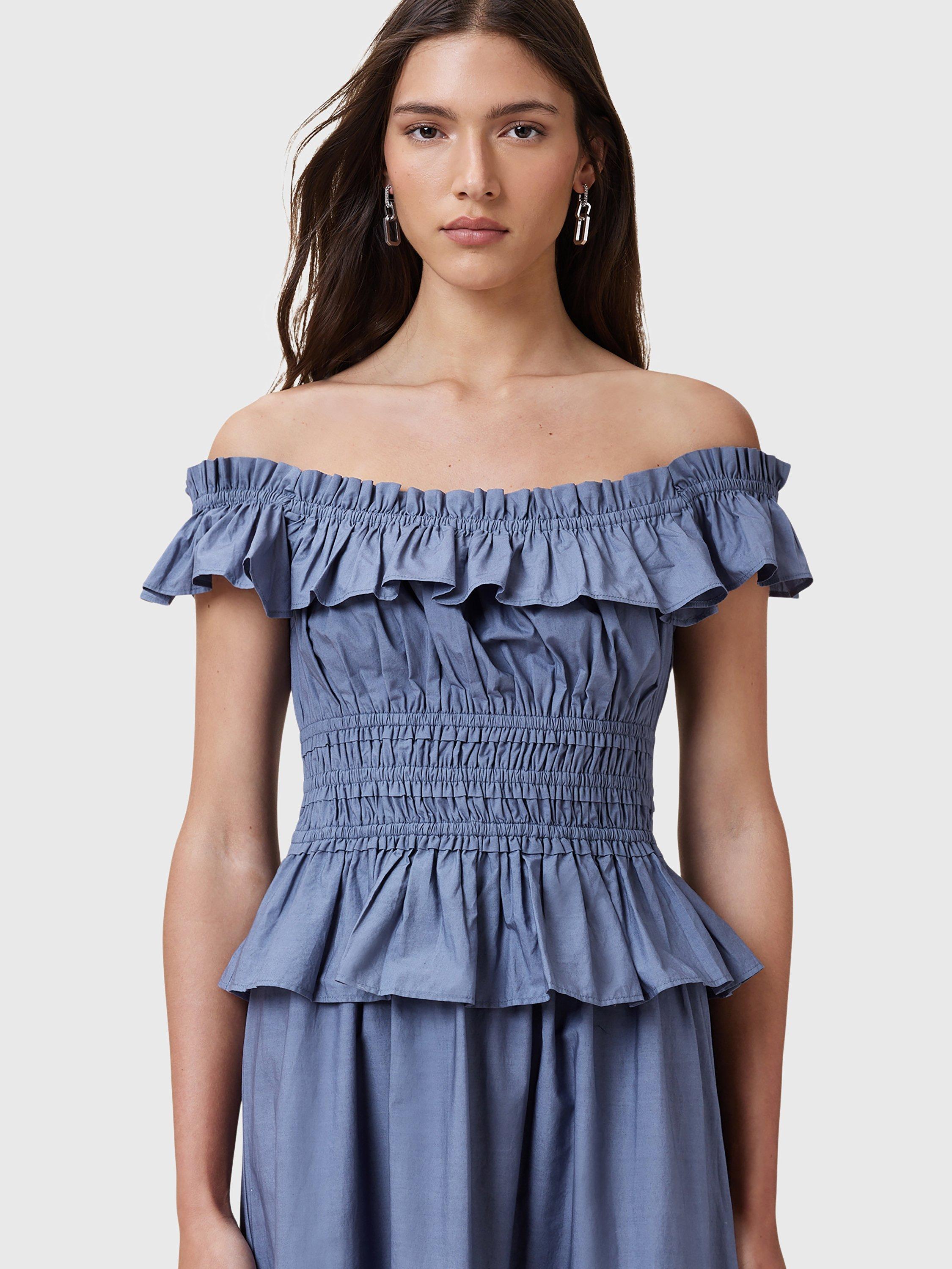 Product image 1 of 8, which shows AllSaints Halia Bardot Neck Organic Cotton Tiered Midi Dress, Flint Stone Blue, 10